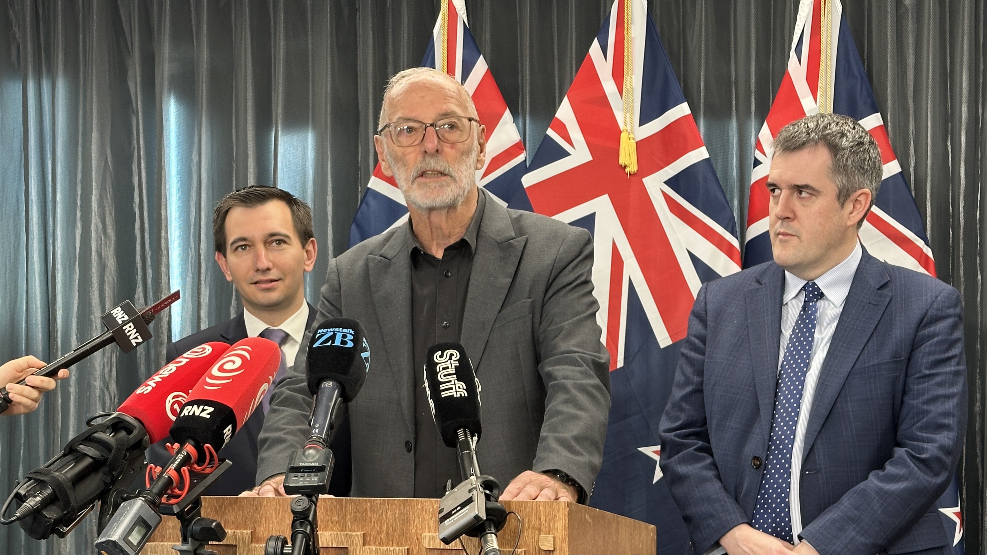 Auckland Minister Simeon Brown, left, Auckland Mayor Wayne Brown, and Transport Minister Chris Bishop.