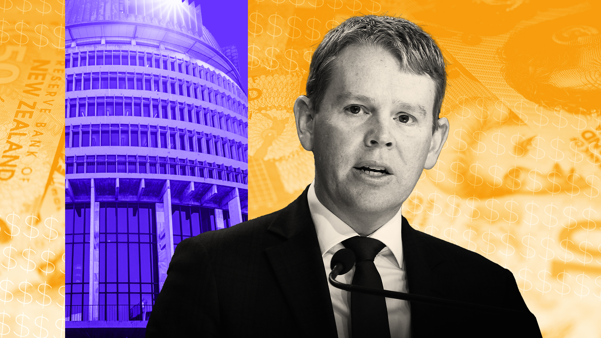Chris Hipkins in front of Beehive and currency.