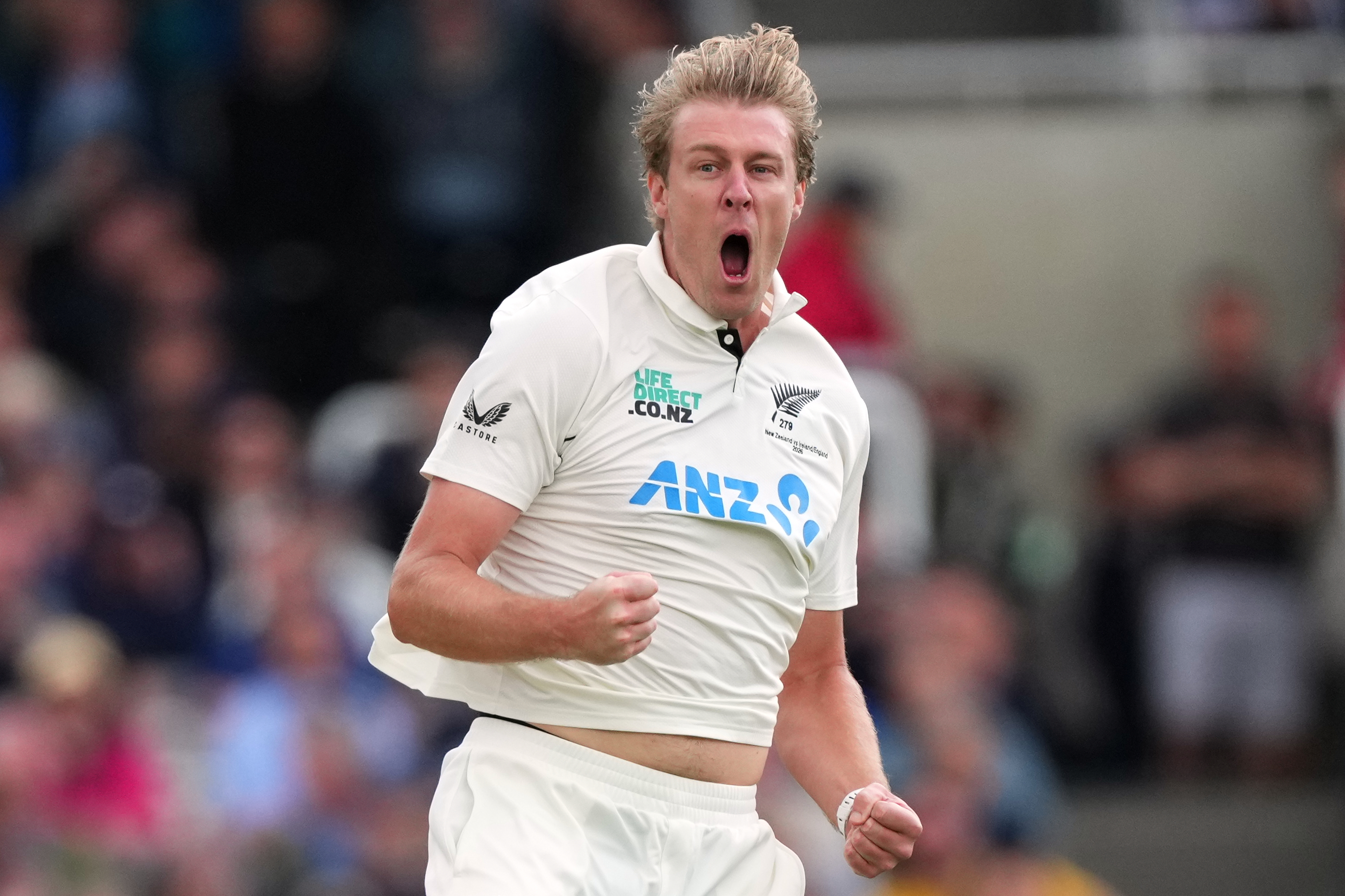 New Zealand's Kyle Jamieson celebrates taking the wicket of England's Jamie Smith during the first day of the test match between England and New Zealand at Lord's cricket ground in London, Thursday, June 4, 2026.