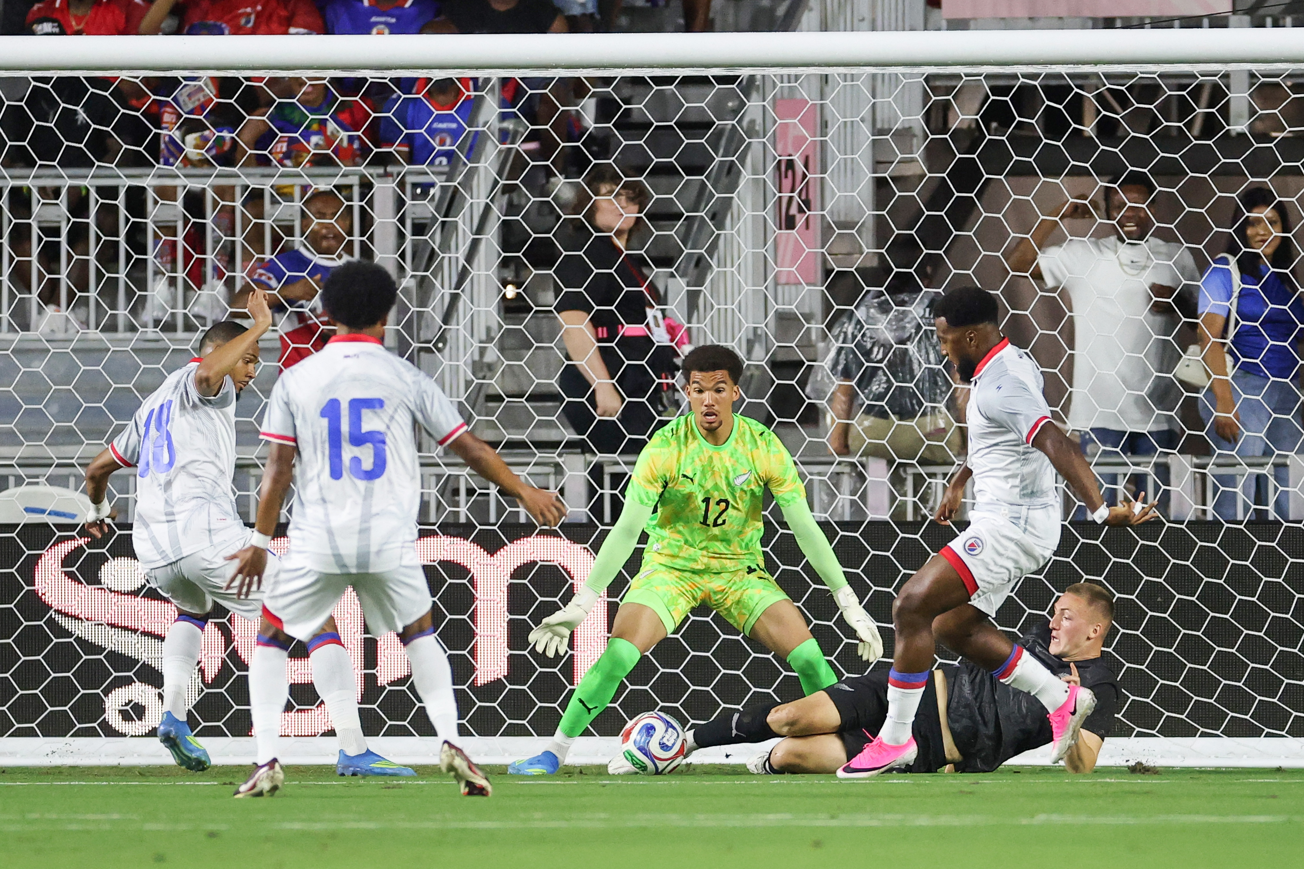 Finn Surman clears the ball against Haiti in Fort Lauderdale, Florida.