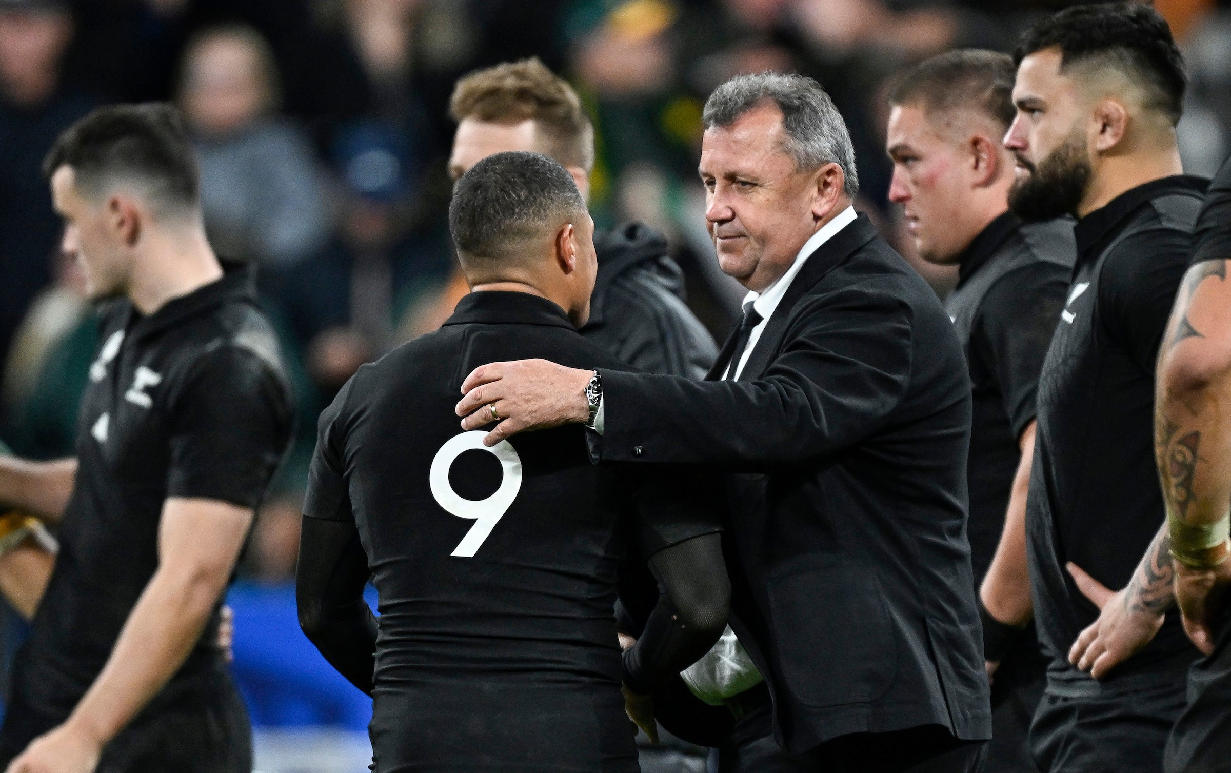 All Blacks head coach consoles Aaron Smith after the World Cup final loss to South Africa.