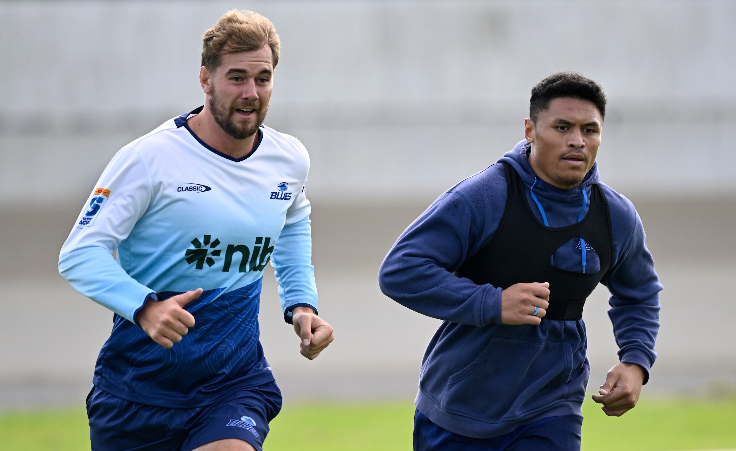 Blues wing Caleb Clarke, right, training with the injury Sam Darry this month, returns to the starting line-up on Saturday.