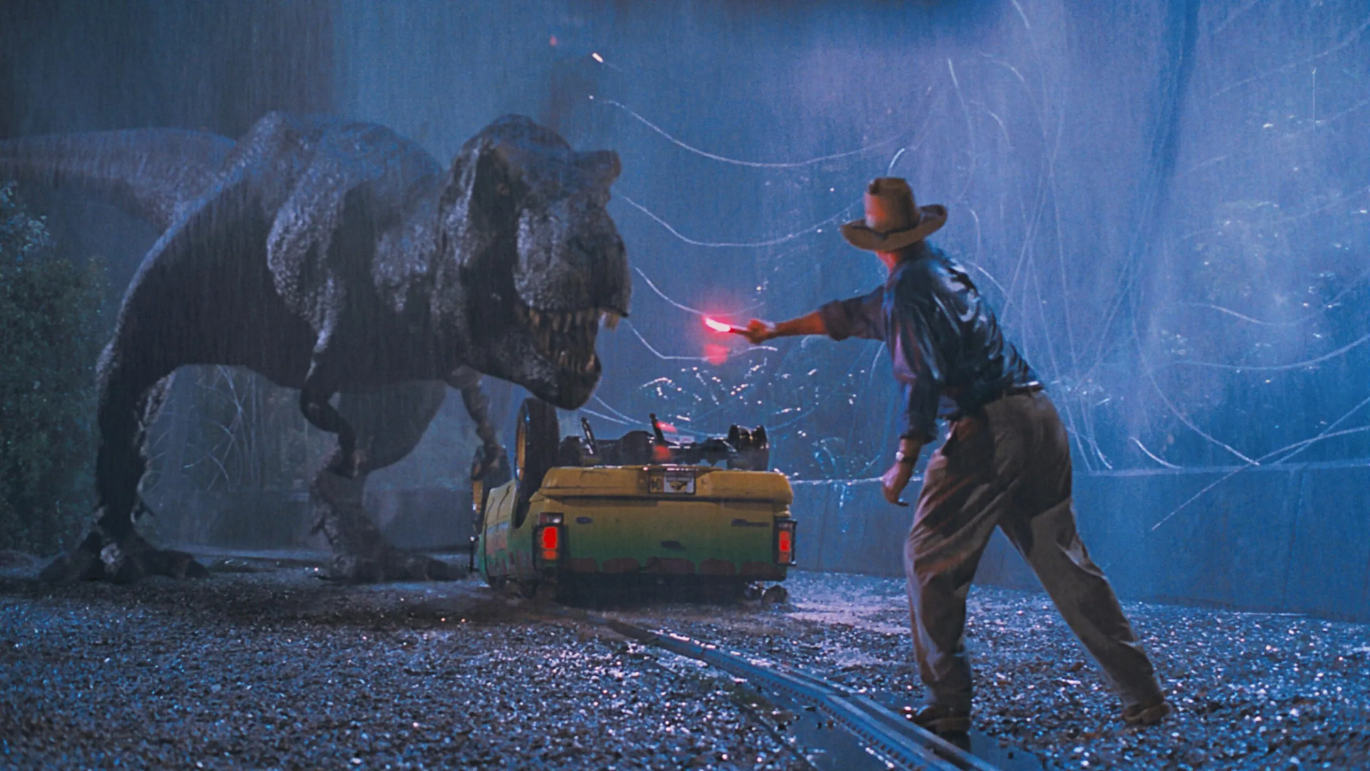 Sam Neill's Dr Alan Grant faces down a Tyrannosaurus Rex in 1993's Jurassic Park.