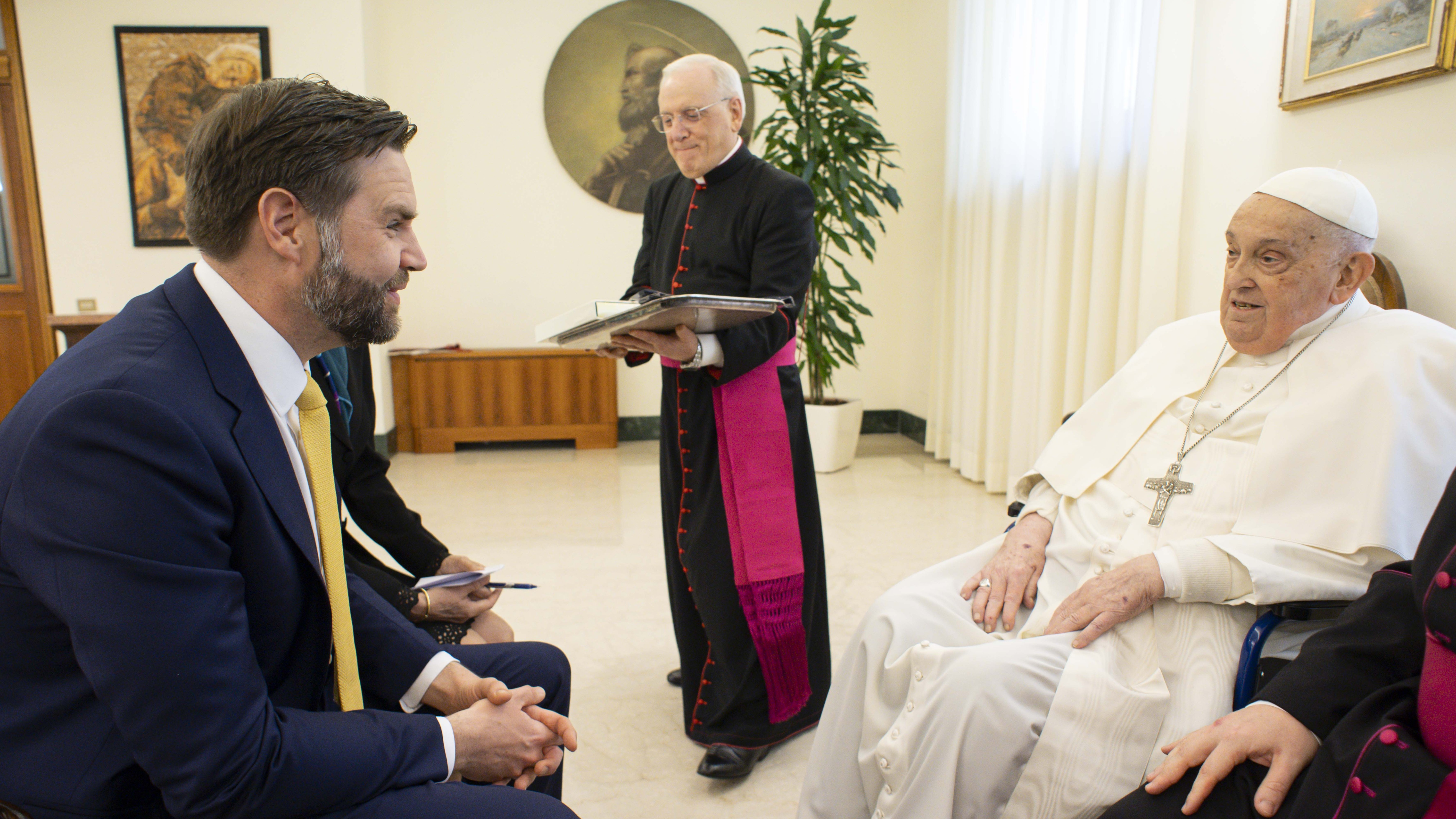 Pope Francis receives US Vice President JD Vance, left, before bestowing the Urbi et Orbi (Latin for to the city and to the world) blessing at the end of the Easter mass.