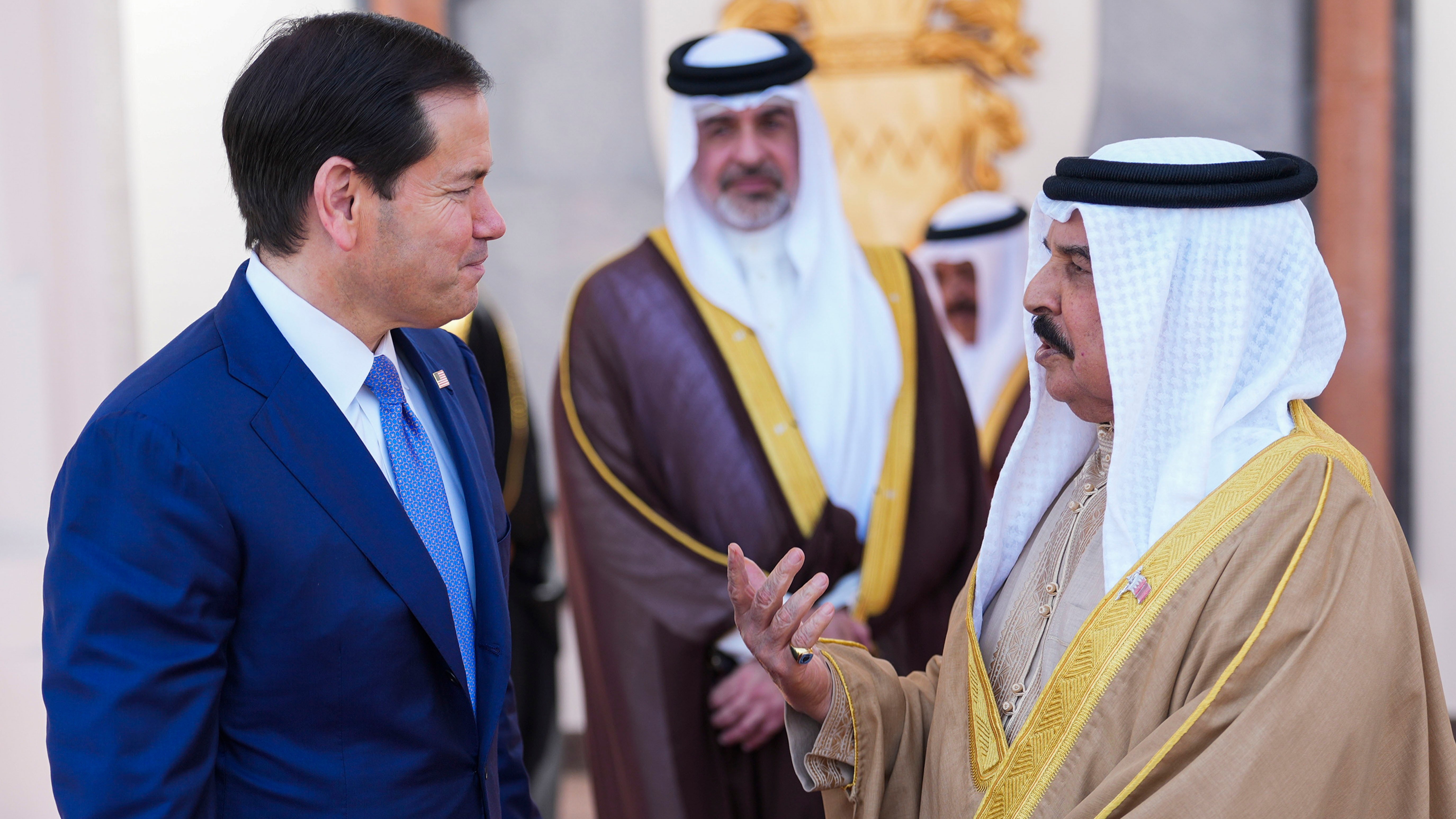 US Secretary of State Marco Rubio, left, and Bahrain's King Hamad bin Isa Al Khalifa share a word after their meeting, at Al-Sakhir Palace near Zallaq, Bahrain Thursday, June 25, 2026.