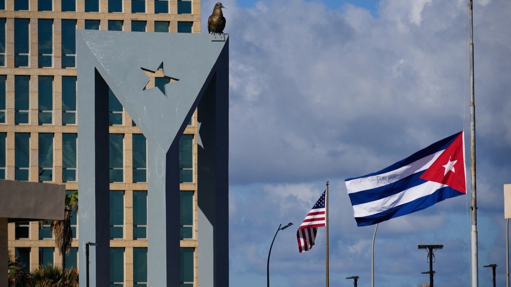 The Cuban flag flies at half-mast at the Anti-Imperialist Tribune near the US embassy in Havana, Cuba.