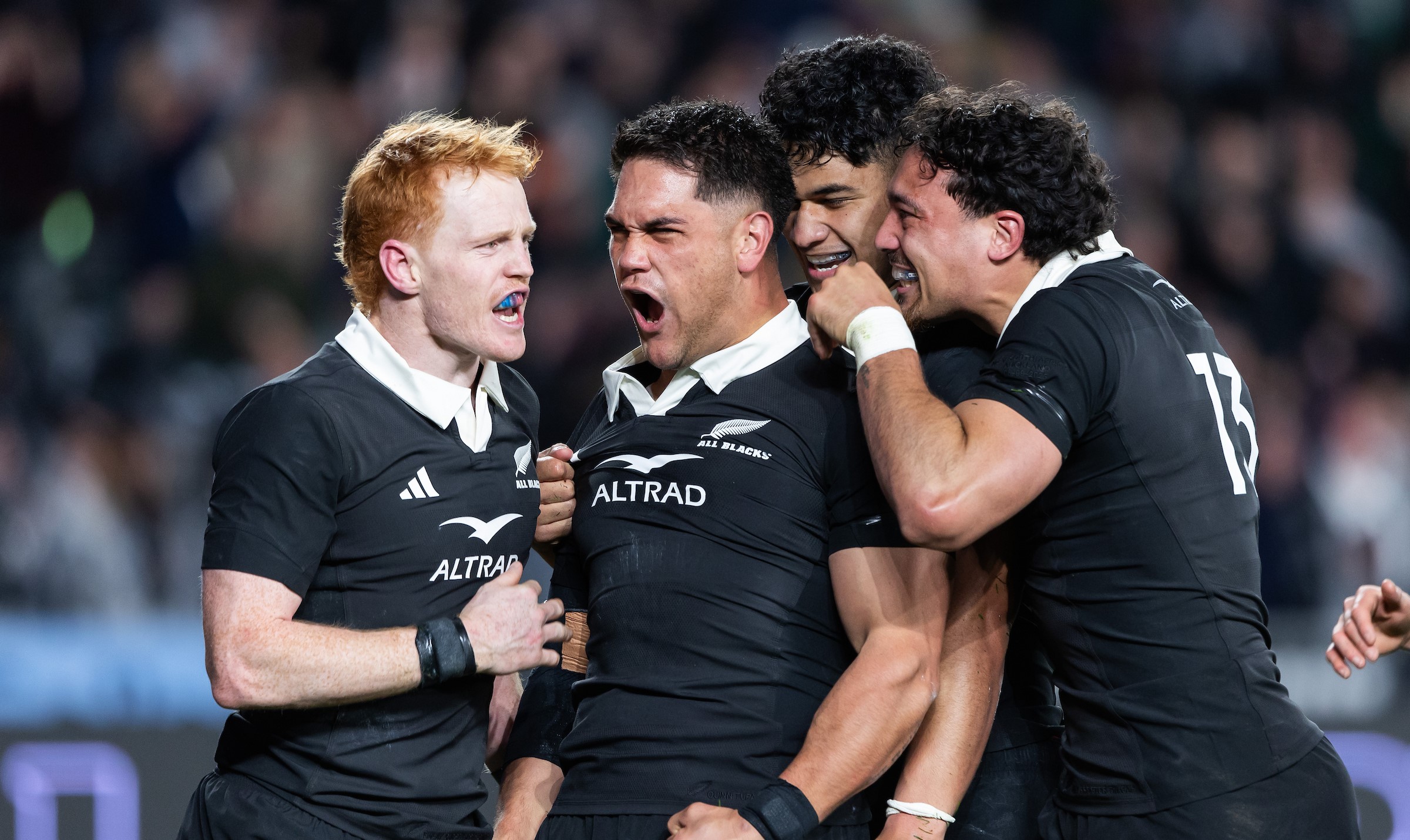 Quinn Tupaea celebrates his try for the All Blacks against the Boks at Eden Park.