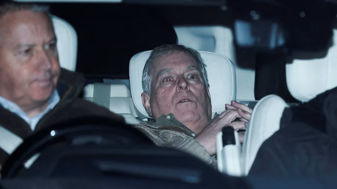 Andrew Mountbatten Windsor, younger brother of Britain’s King Charles, formerly known as Prince Andrew, leaves Aylsham Police Station on a vehicle, on the day he was arrested on suspicion of misconduct in public office.