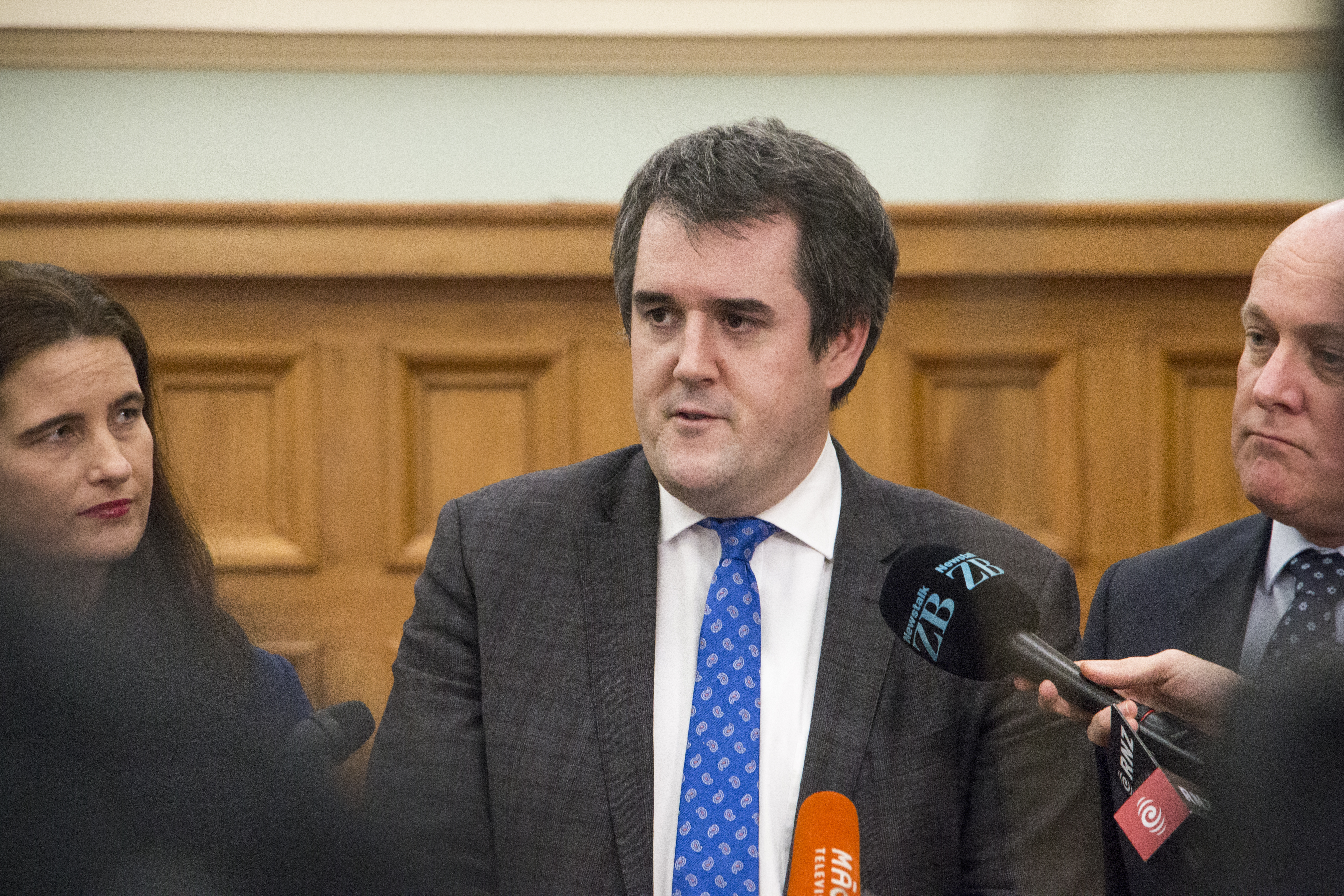 National MP Chris Bishop (centre) with National deputy leader Nicola Willis and National leader Chrisopher Luxon.