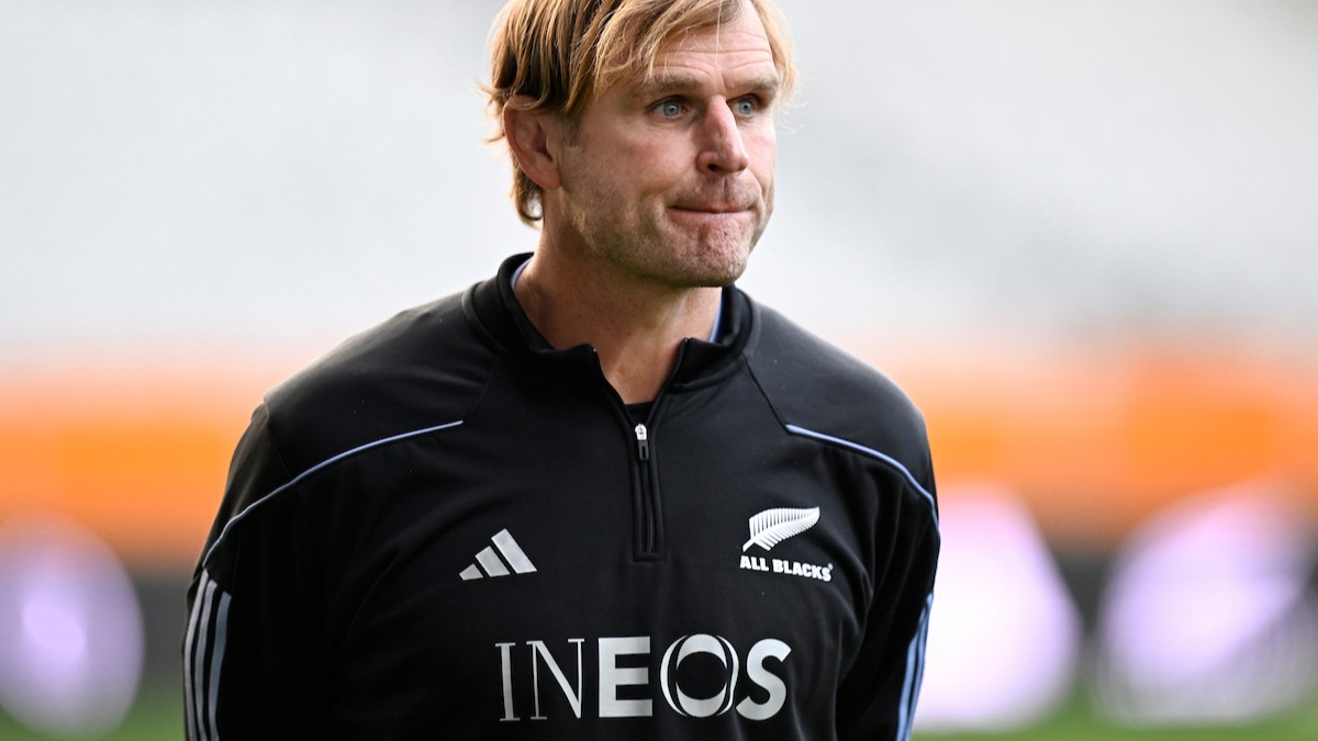 All Blacks head coach Scott Robertson during the Captain's Run ahead of the 1st rugby union test match against England in Dunedin in 2024. 