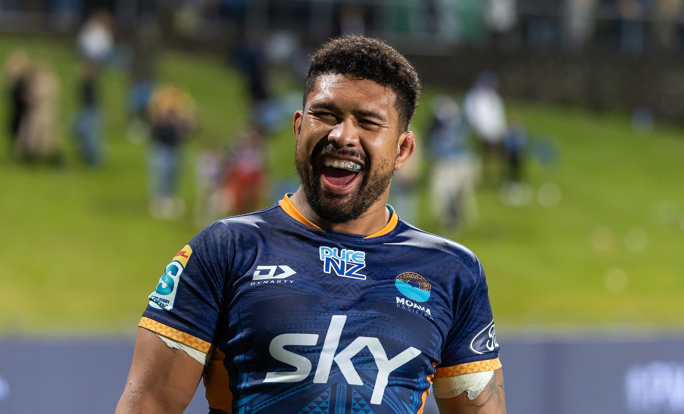 Ardie Savea celebrates Moana Pasifika's historic win over the Blues.