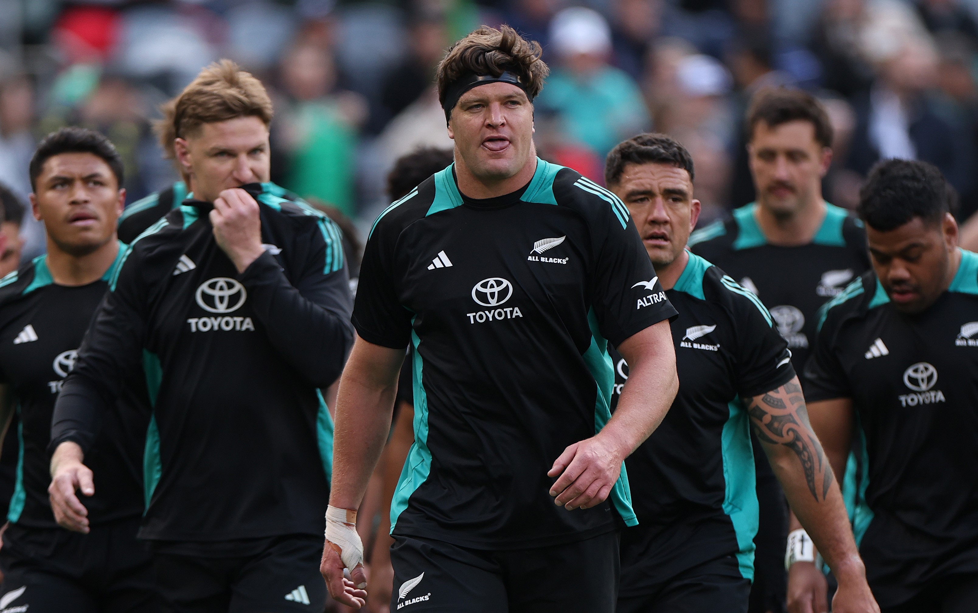 All Blacks skipper Scott Barrett leads the team against Ireland at Soldier Field, Chicago.