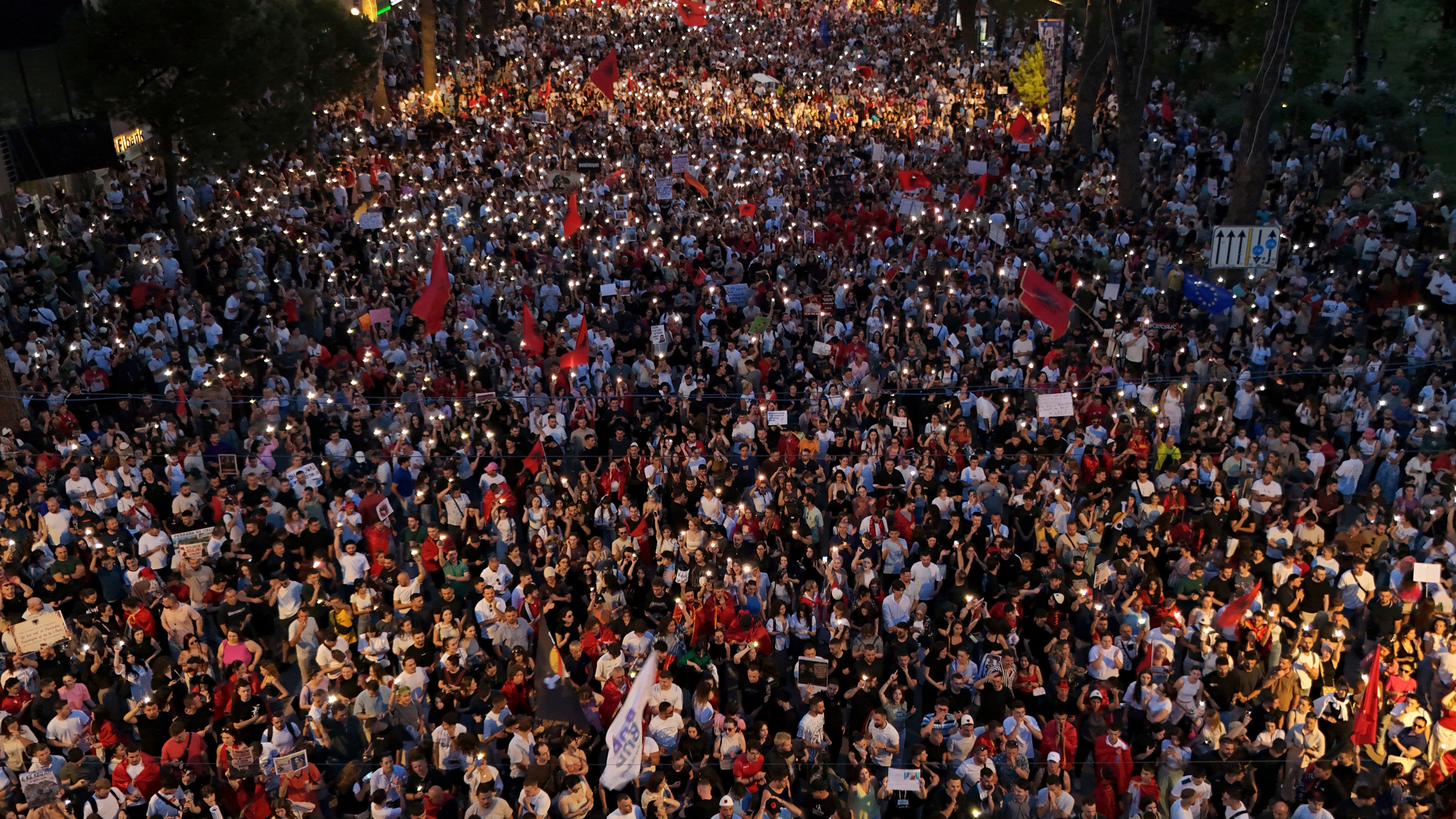 Protesters take part in a rally in Tirana, Albania, Tuesday, June 9, 2026, against the construction of a massive coastal development project linked to Jared Kushner and Ivanka Trump at Narta lagoon area, western Albania.