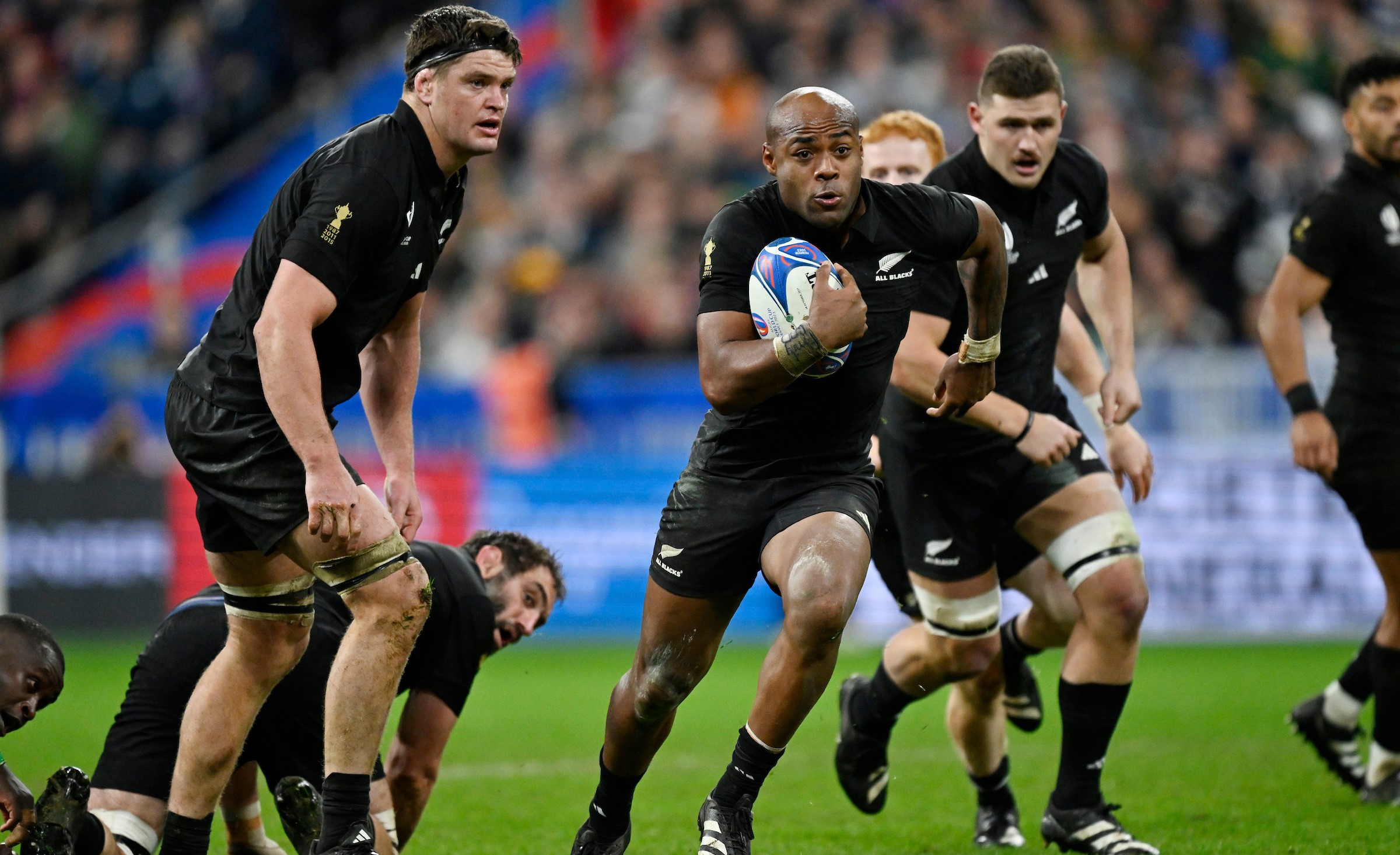 Mark Telea makes a break for the All Blacks during their loss to the Boks in the 2023 World Cup final in Paris.