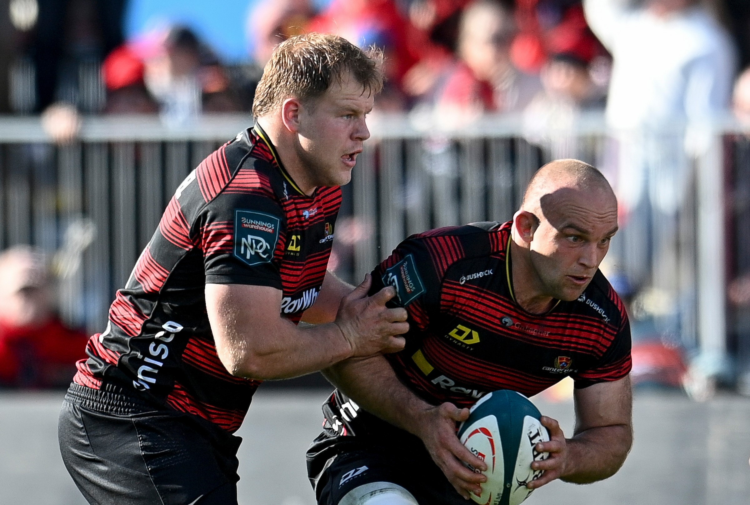 George Bell, left, with Tom Christie in Canterbury's recent win over Tasman.