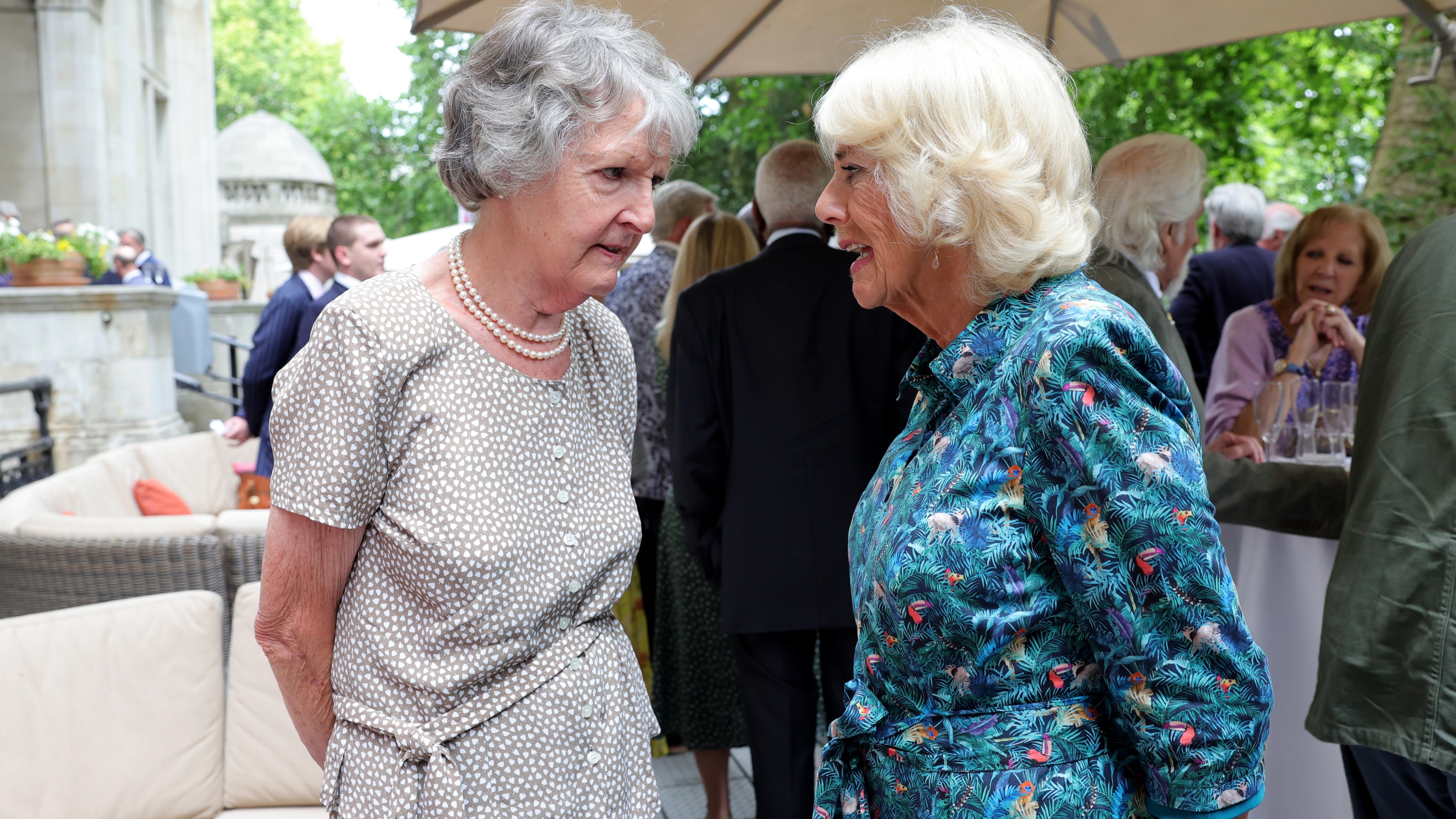Camilla, the then-Duchess of Cornwall, right, with Penelope Keith, left, in London, England.