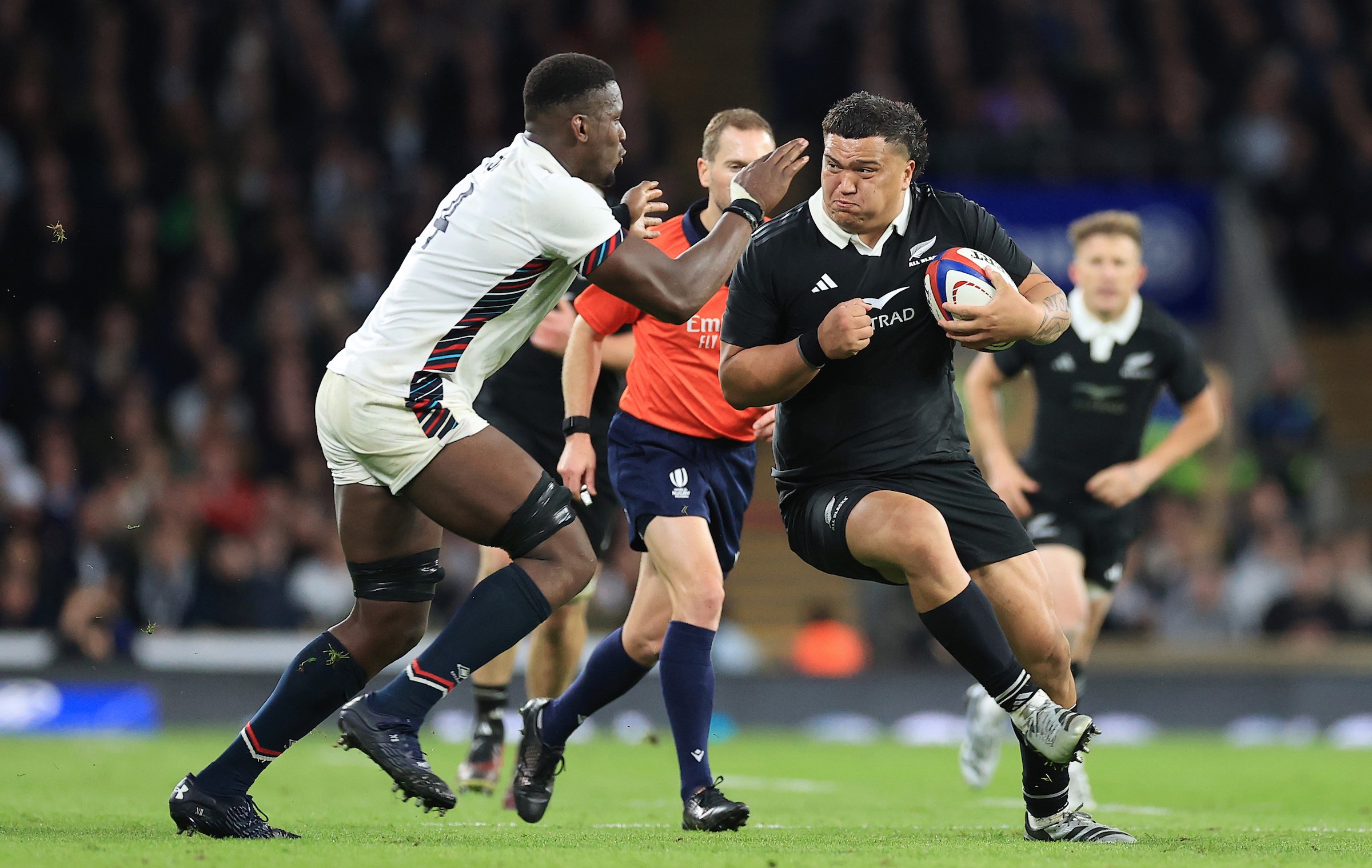 Tamaiti Williams prepares to collide with England's Maro Itoje during the All Blacks' win at Twickenham last year.