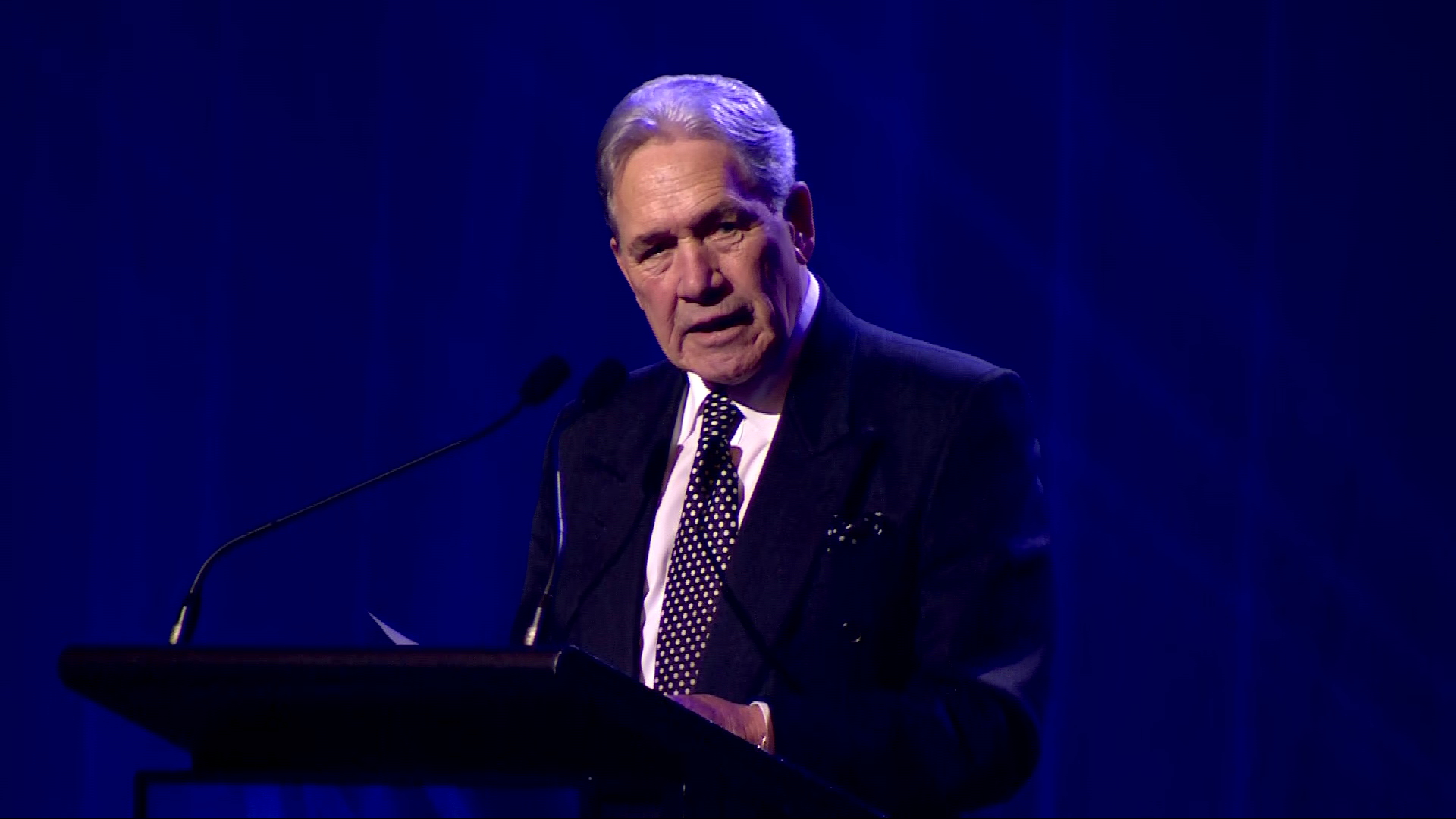 New Zealand First leader Winston Peters addresses the party's campaign launch on Sunday in Auckland.
