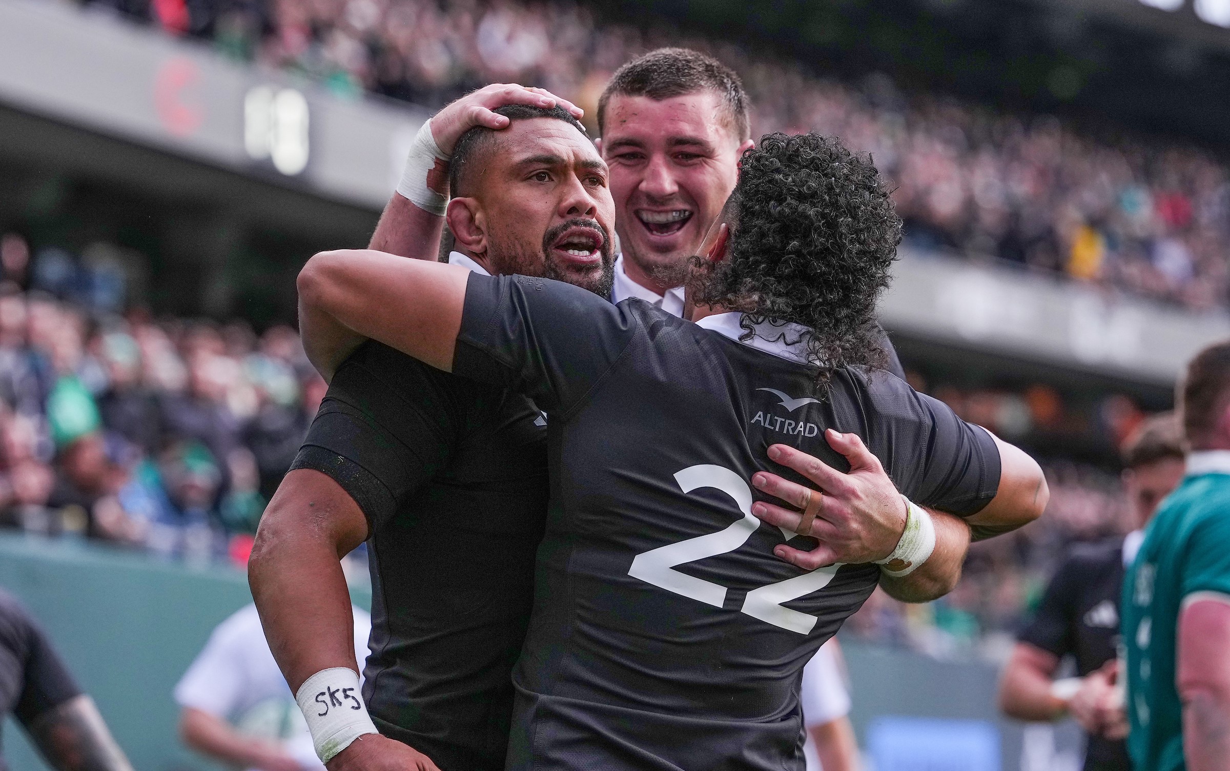 Ardie Savea celebrates his first-half try for the All Blacks against Ireland at Soldier Field, Chicago.