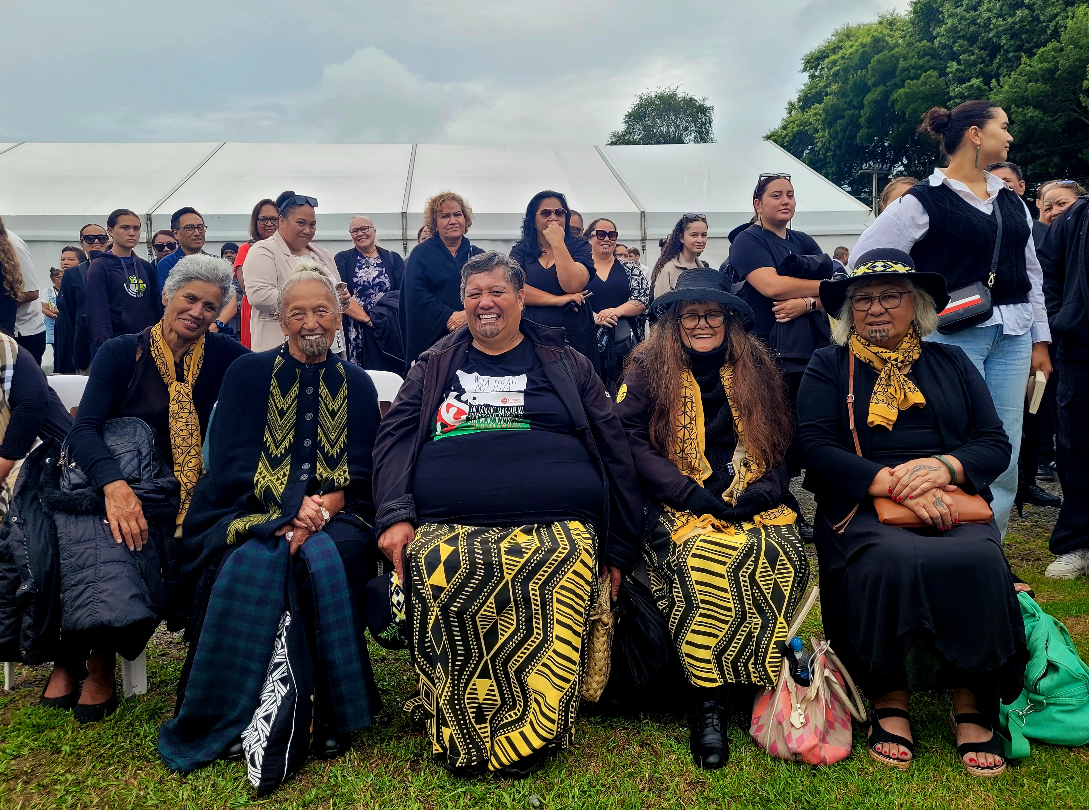 A group of Ngāti Whātua Ōrākei kuia waiting to go onto Tūrangawaewae Marae.