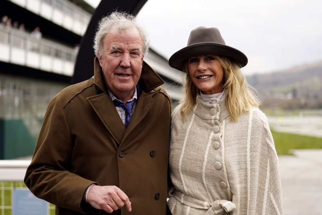 Jeremy Clarkson and Lisa Hogan on day four of the 2025 Cheltenham Festival at Cheltenham Racecourse.