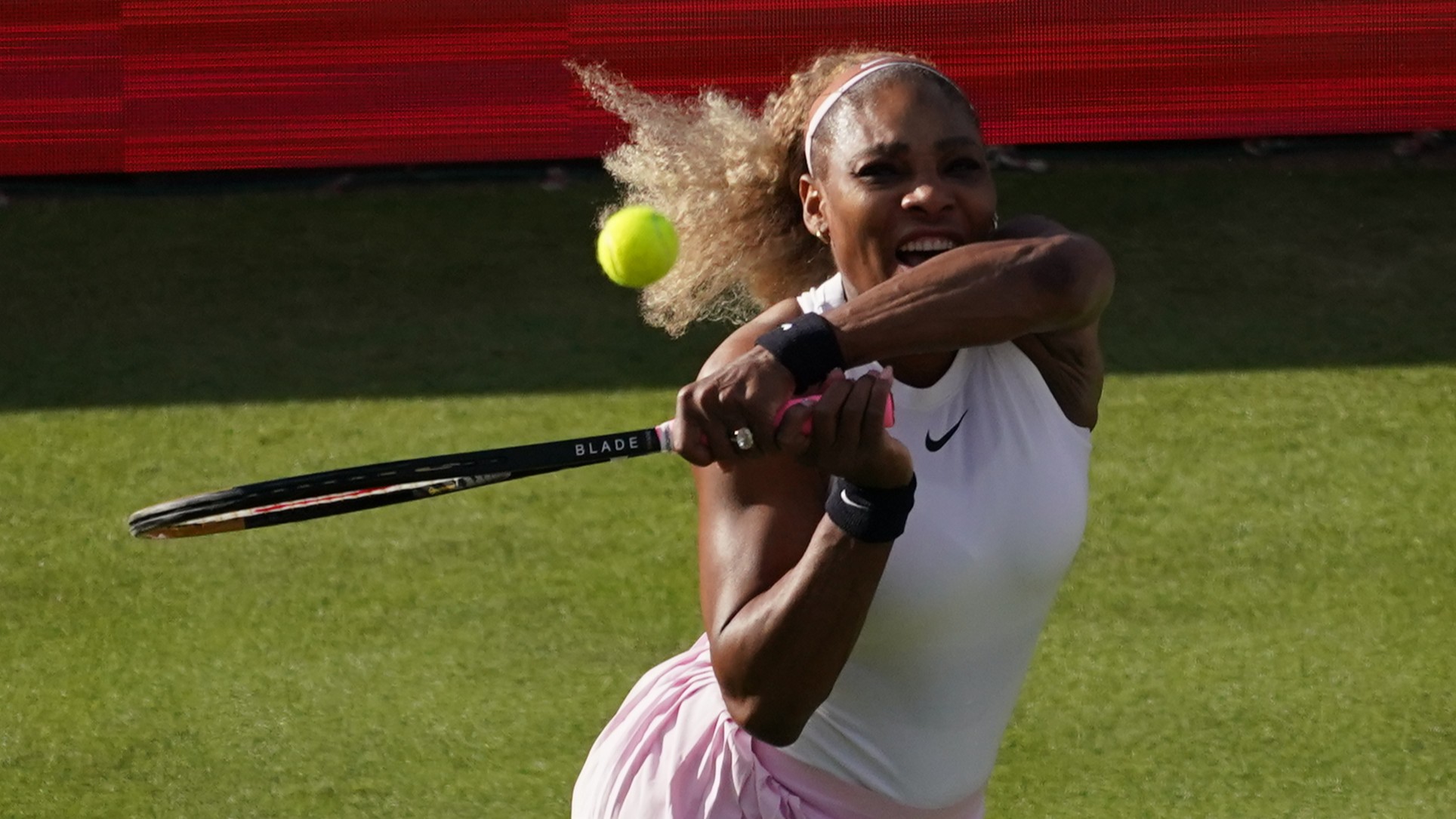 Serena Williams plays against Nicole Melichar-Martinez of Canada and Erin Routliffe of NZ during their doubles match.