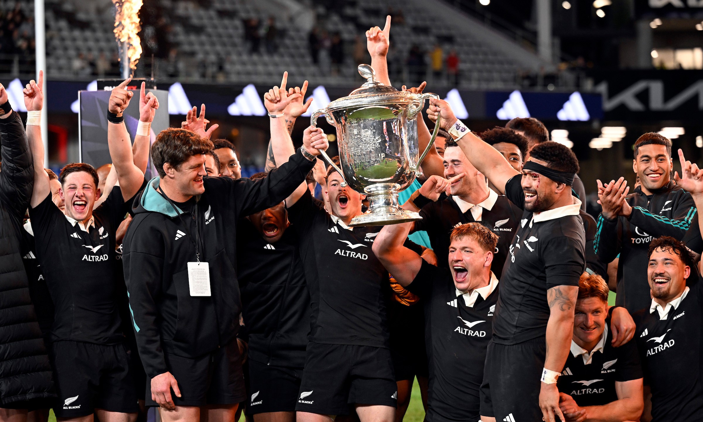 The All Blacks celebrate retaining the Bledisloe Cup at Eden Park last year..