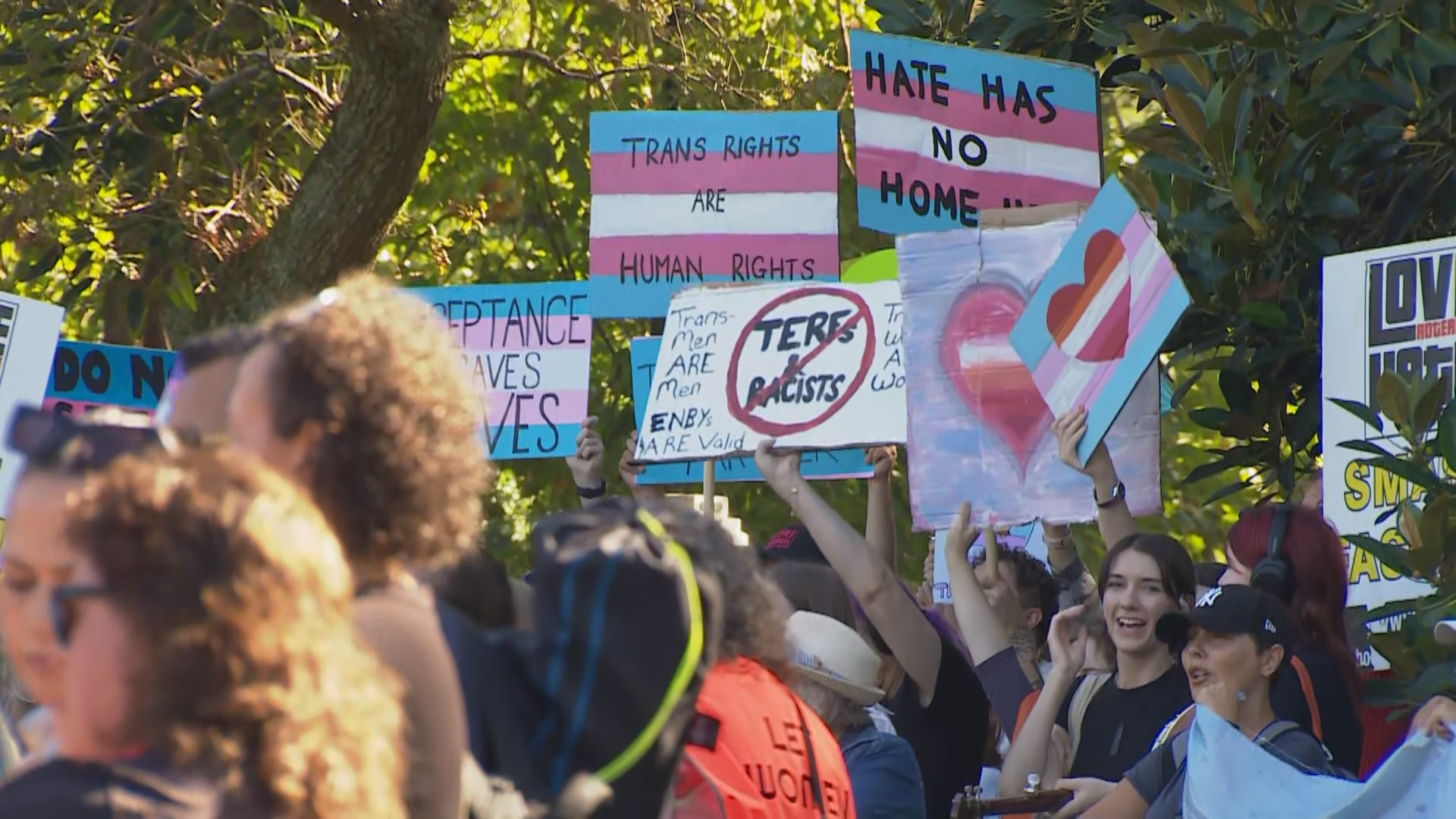 Scenes from Auckland's Albert Park where a protest against Posie Parker is underway.