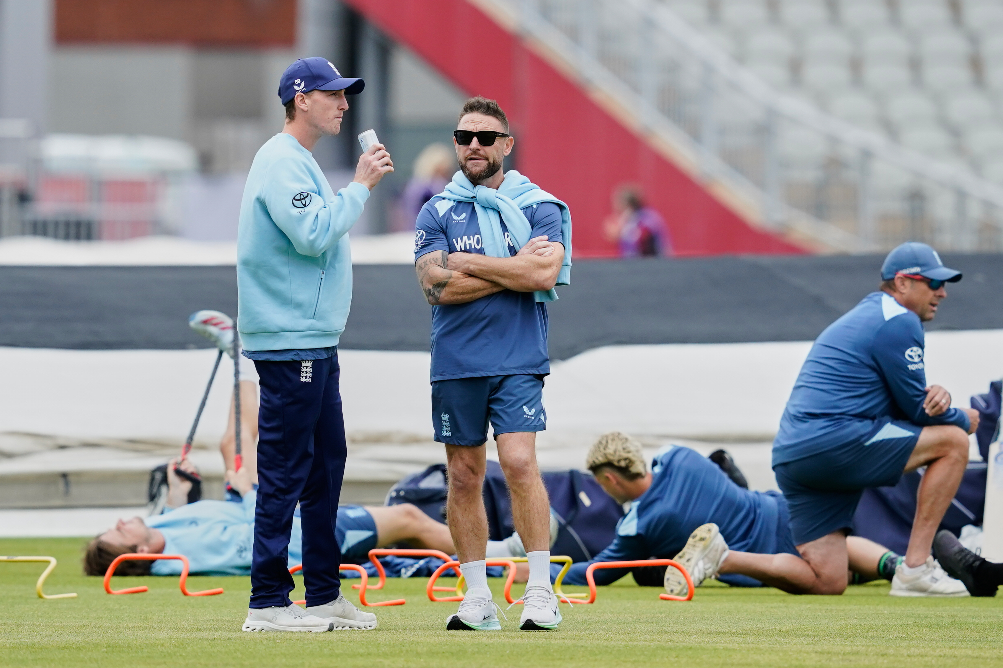 England head coach Brendon McCullum attends a nets session in Nottingham, England, Monday July 6, 2026.