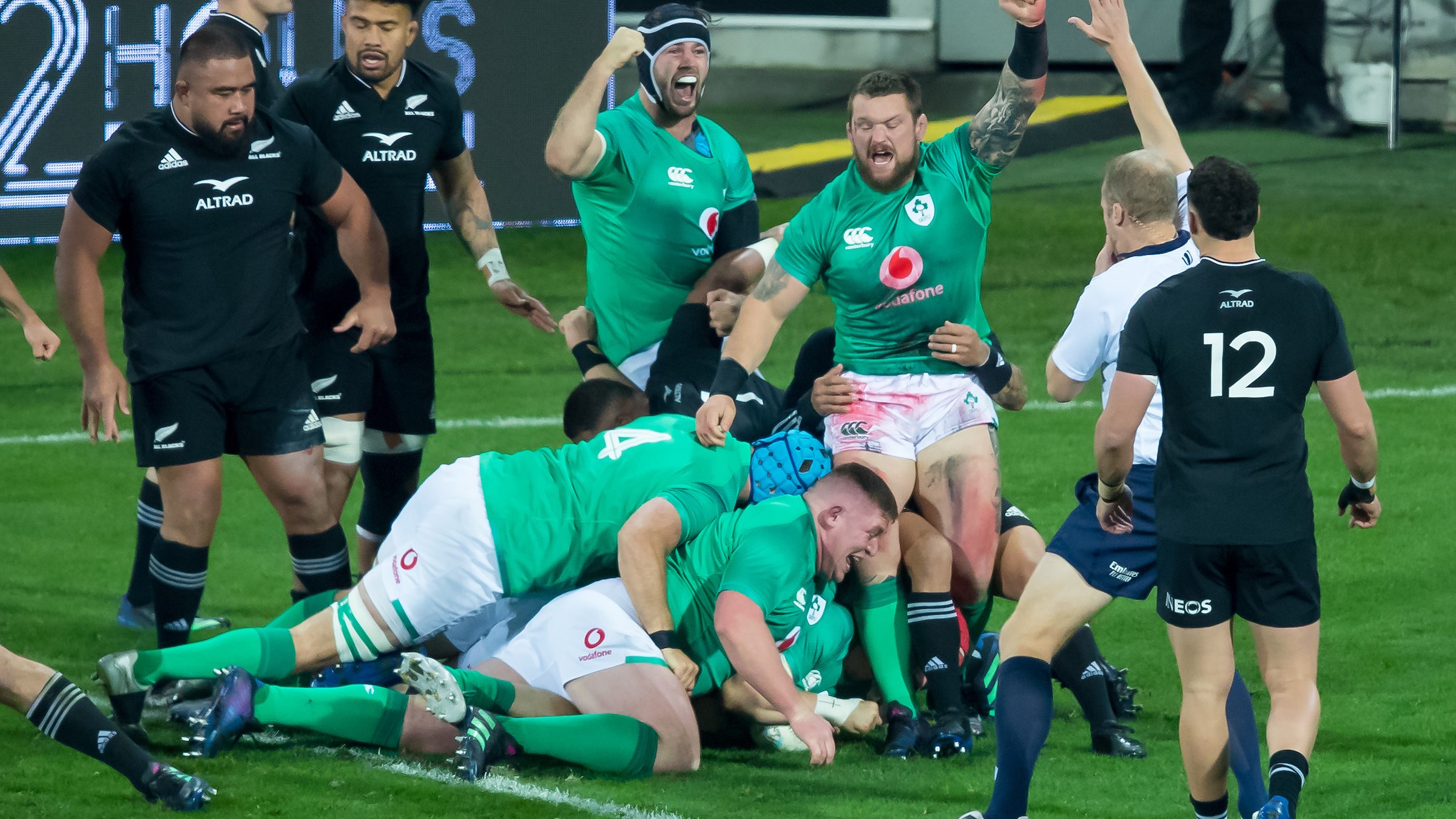 Ireland celebrate after scoring against the All Blacks.