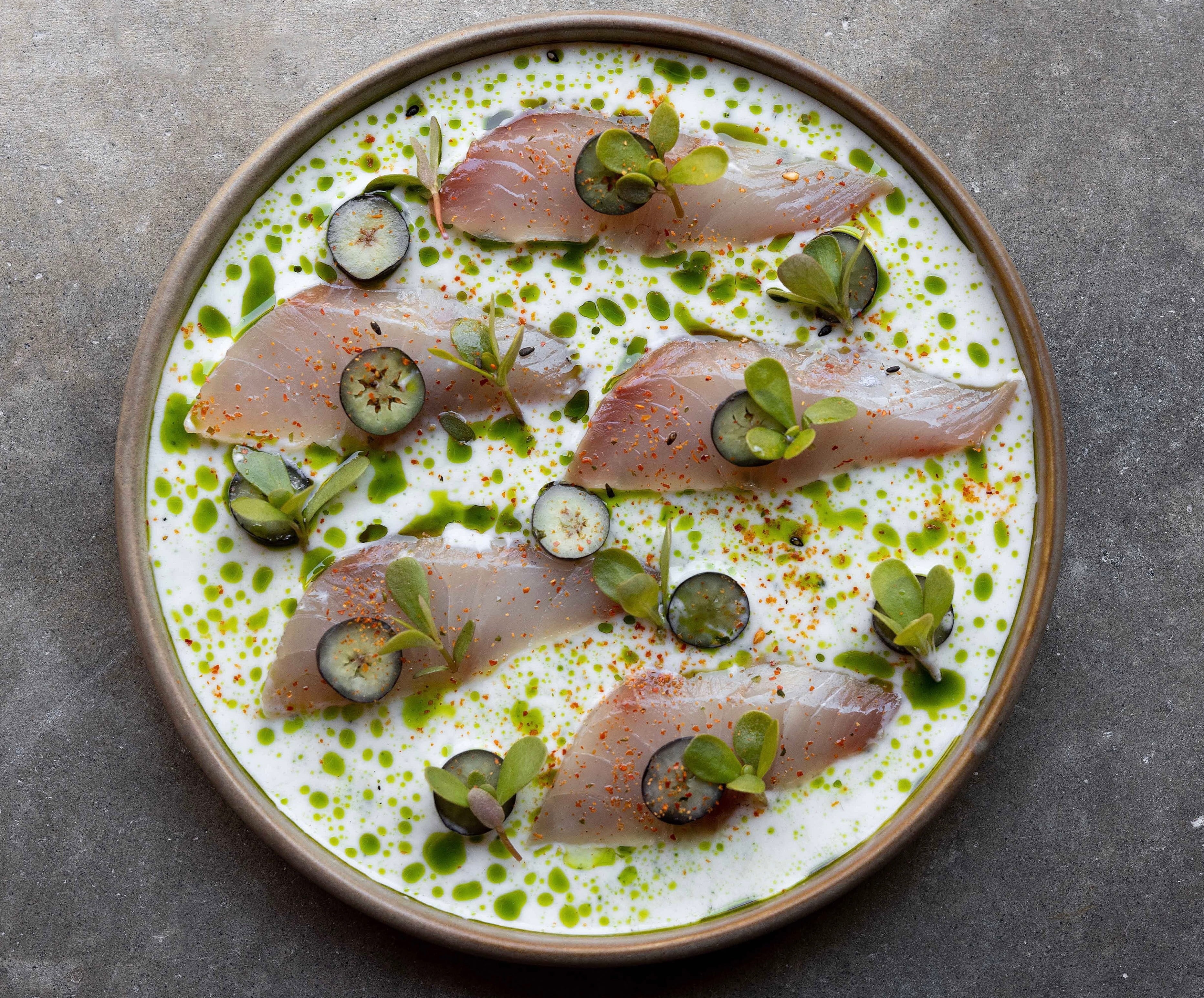 Sherwood's starter of trevally, crudo, blueberry, buttermilk and tarragon.