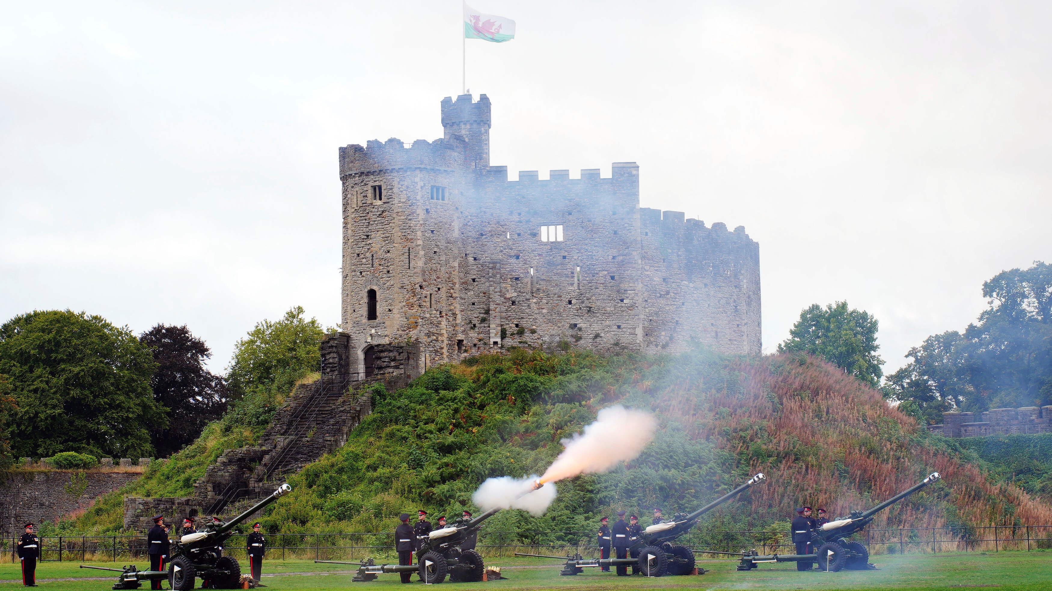 Members of the 104 Regiment Royal Artillery during the Gun Salute at Cardiff Castle to mark the death of Queen Elizabeth II.