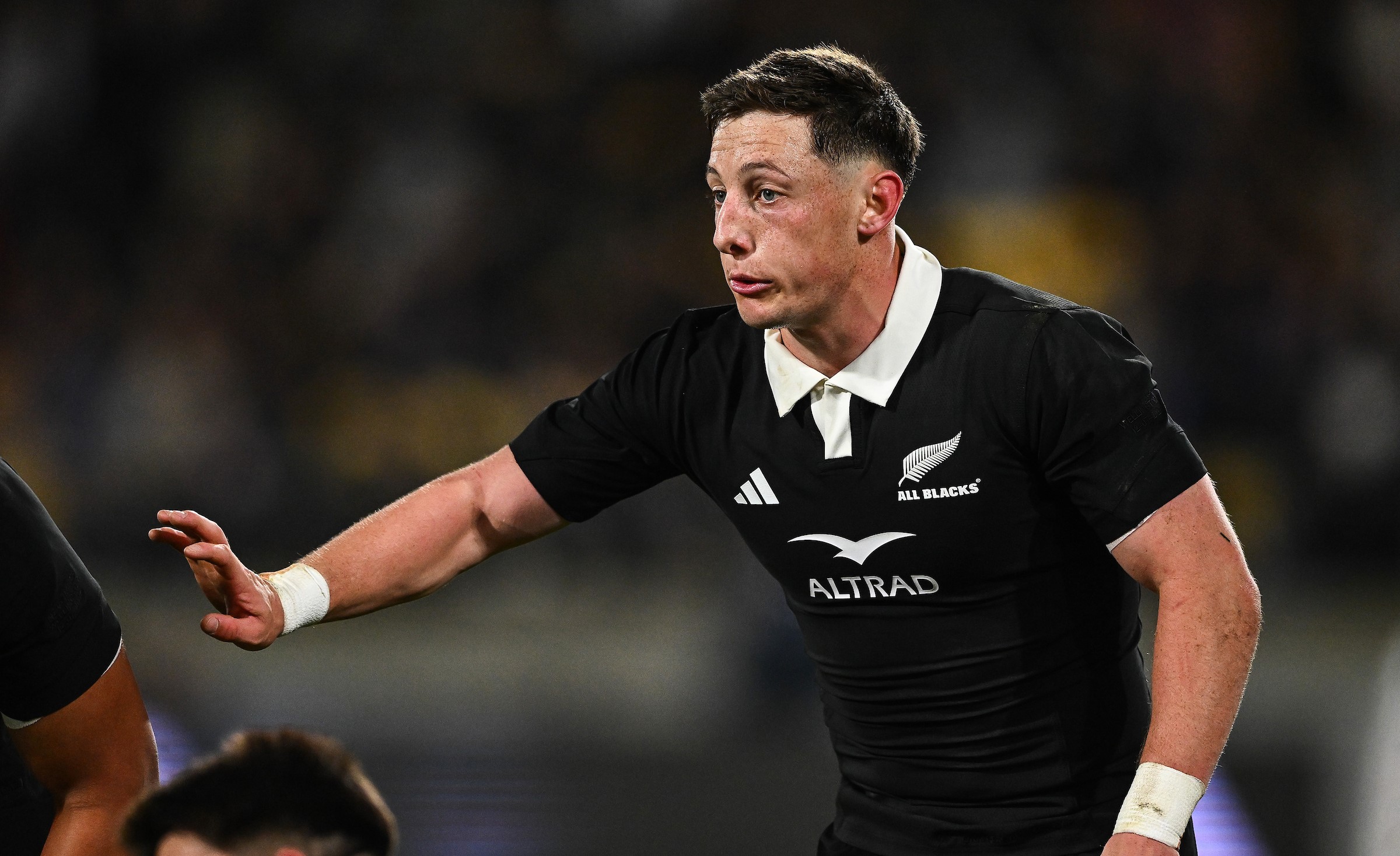 Halfback Cam Roigard in action for the All Blacks in the second Test against France in Wellington.