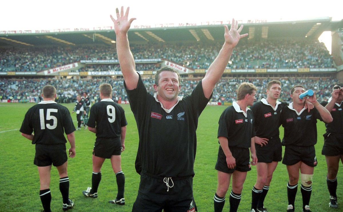 All Blacks captain Sean Fitzpatrick celebrates the Test win in Pretoria which sealed the historic series victory in 1996.