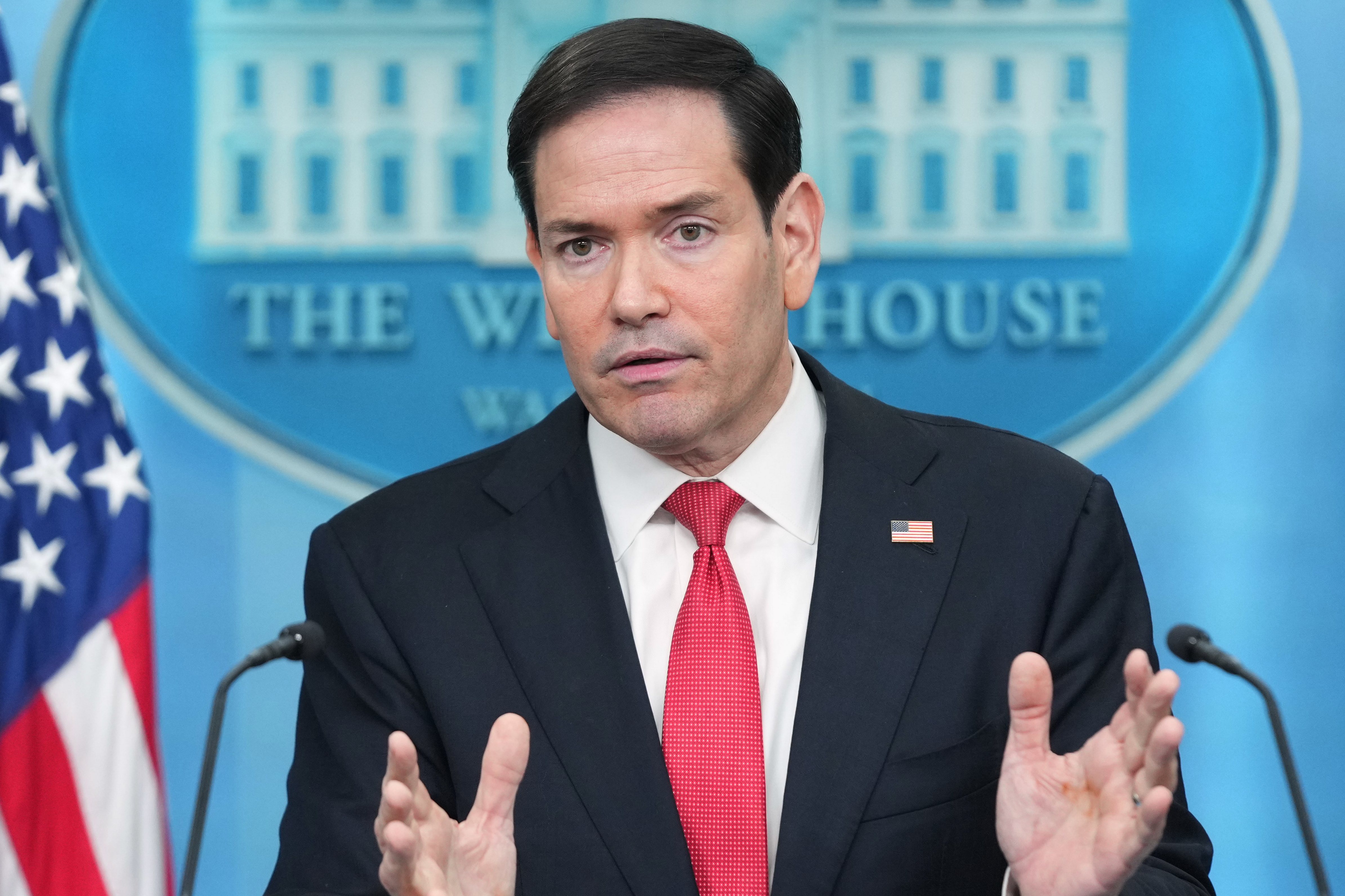 Secretary of State Marco Rubio speaks during a press briefing in the James Brady Press Briefing Room at the White House in Washington, Tuesday, May 5, 2026.