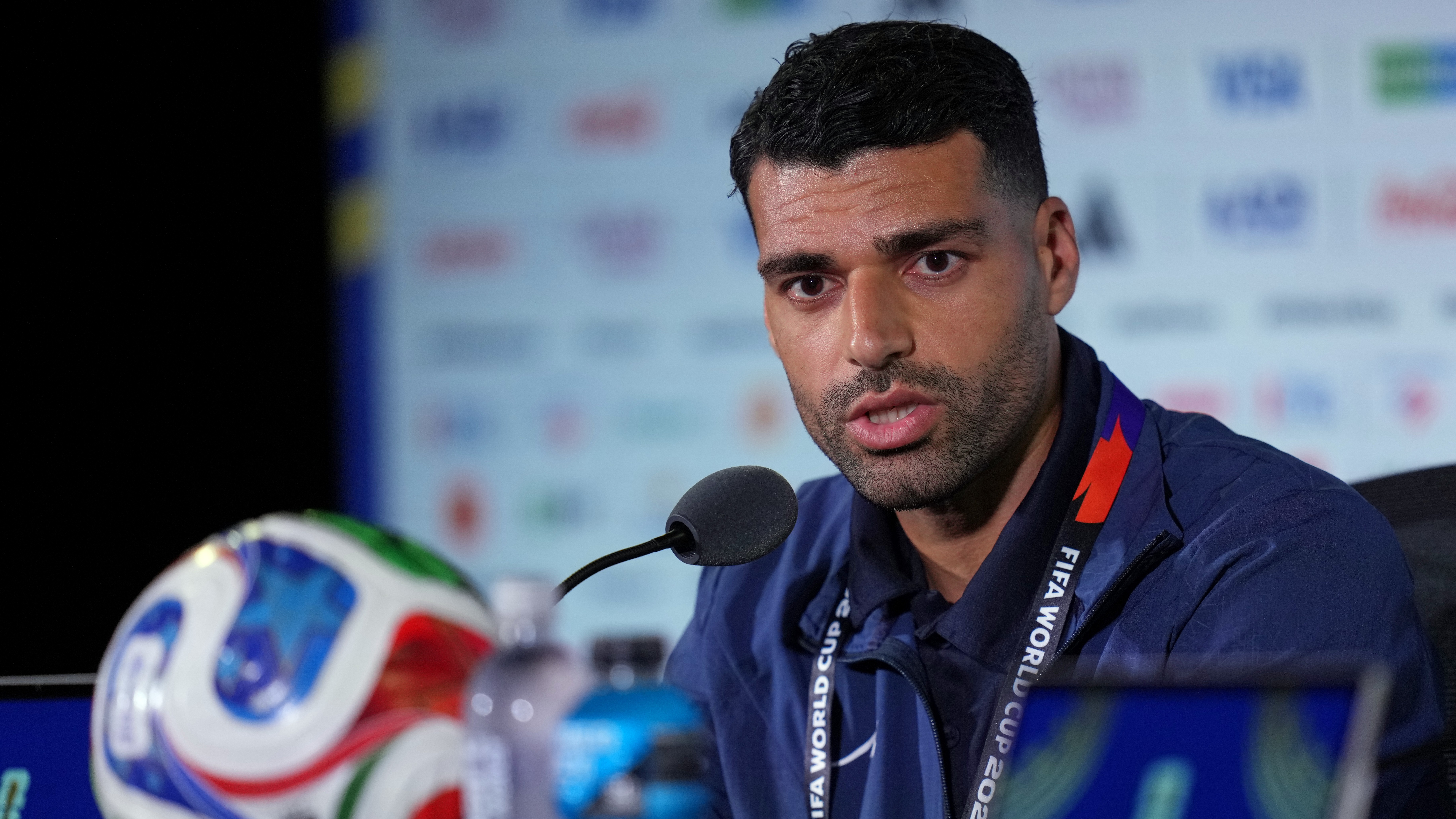 Iran's Mehdi Taremi speaks during a press conference ahead of his FIFA World Cup match against New Zealand in Inglewood, Calif., near Los Angeles, Sunday, June 14, 2026.