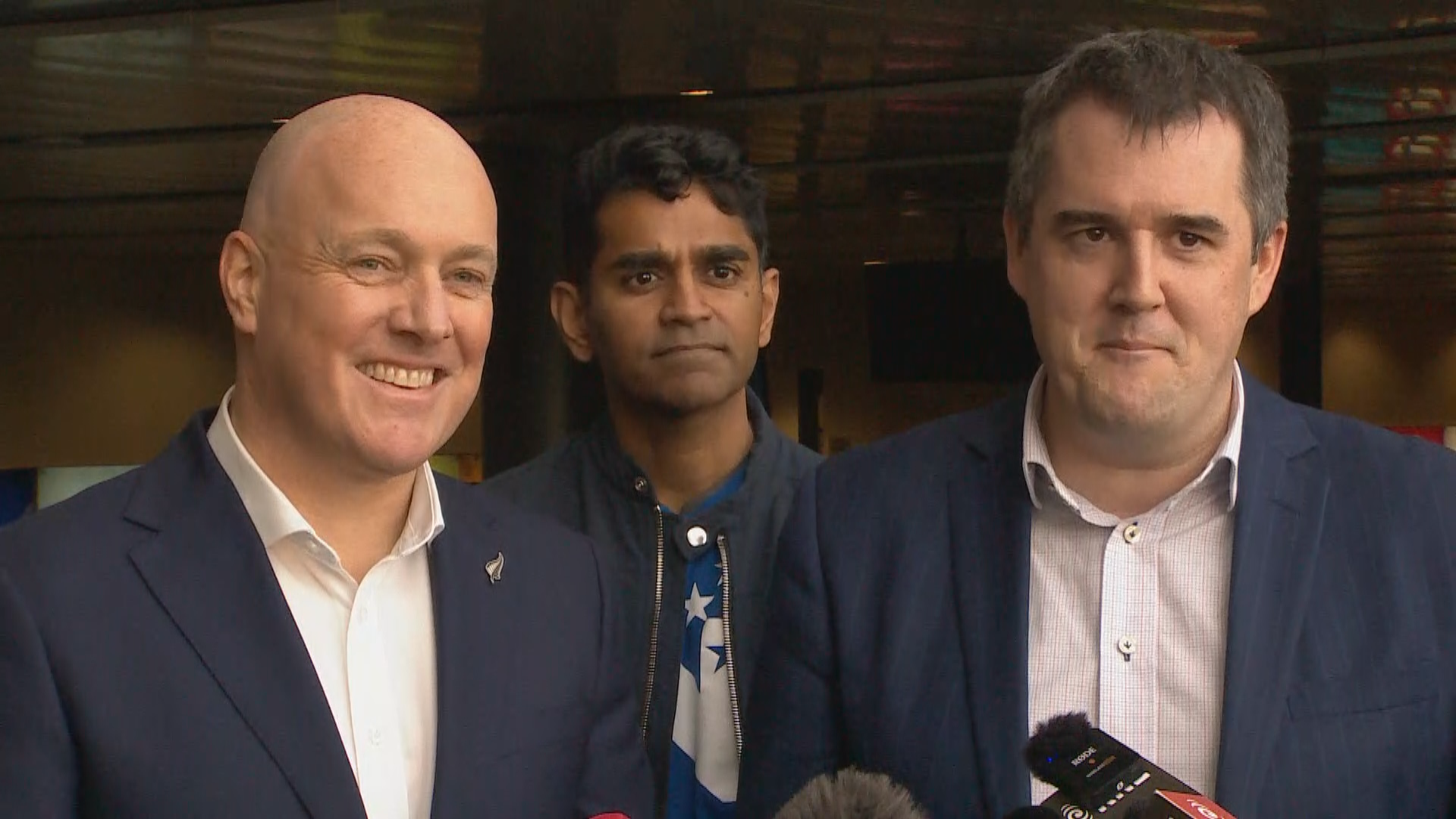Christopher Luxon, Mahesh Muralidhar, Chris Bishop (left to right)