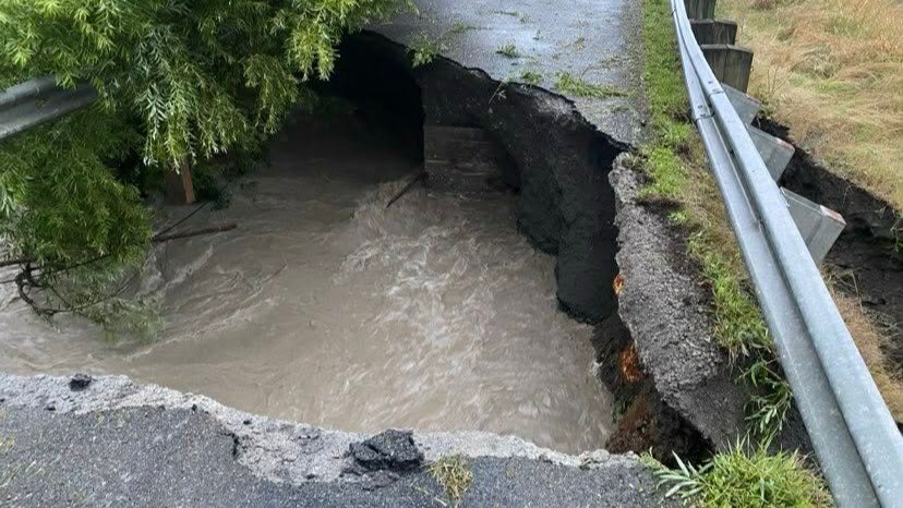 A close-up of damage to the Tūranganui River bridge near Lake Ferry.