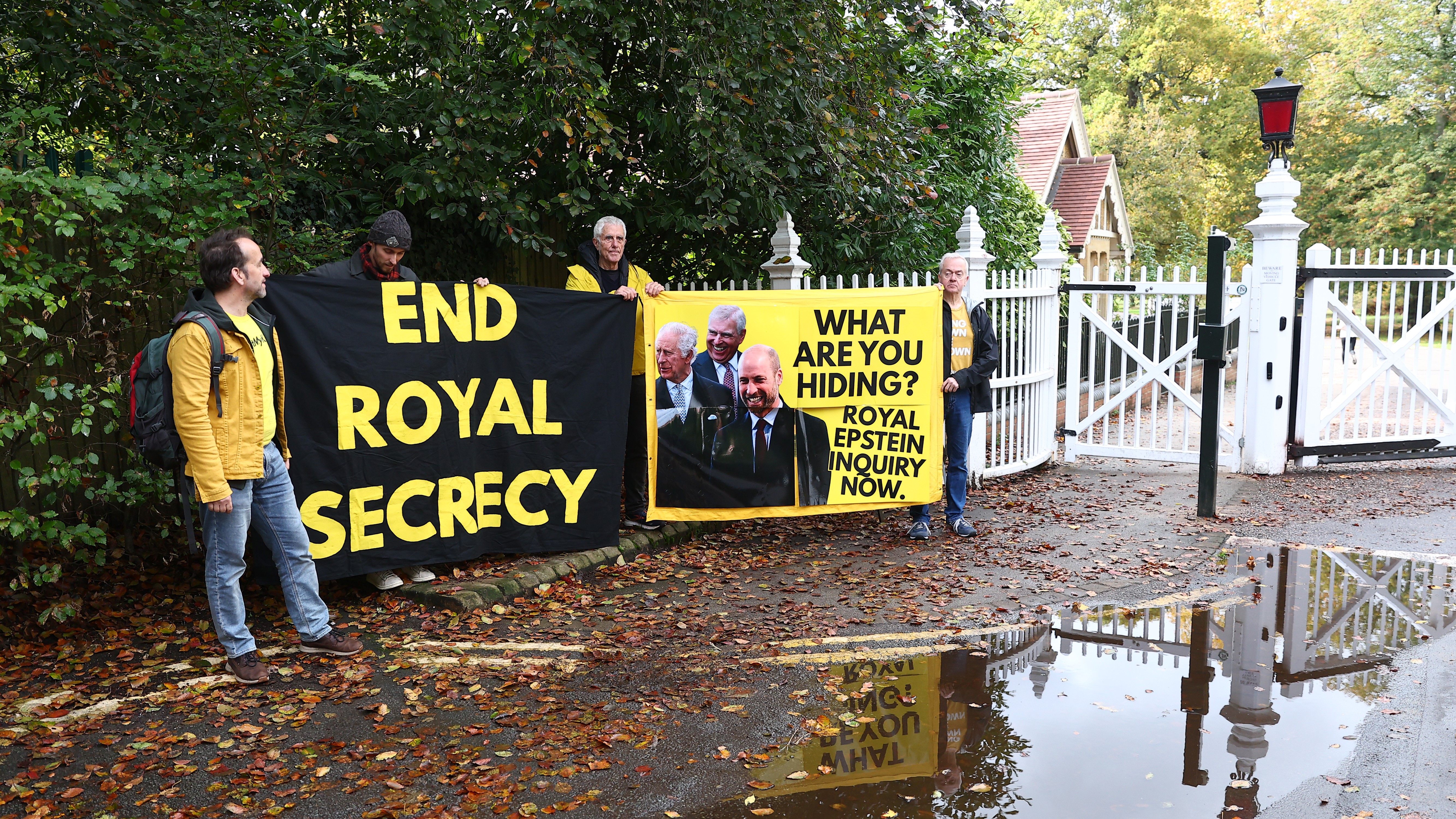 Activists from the anti-monarchy group Republic, stage a protest at the entrance to Windsor Great Park and Royal Lodge where Prince Andrew lives, on October 21, 2025.