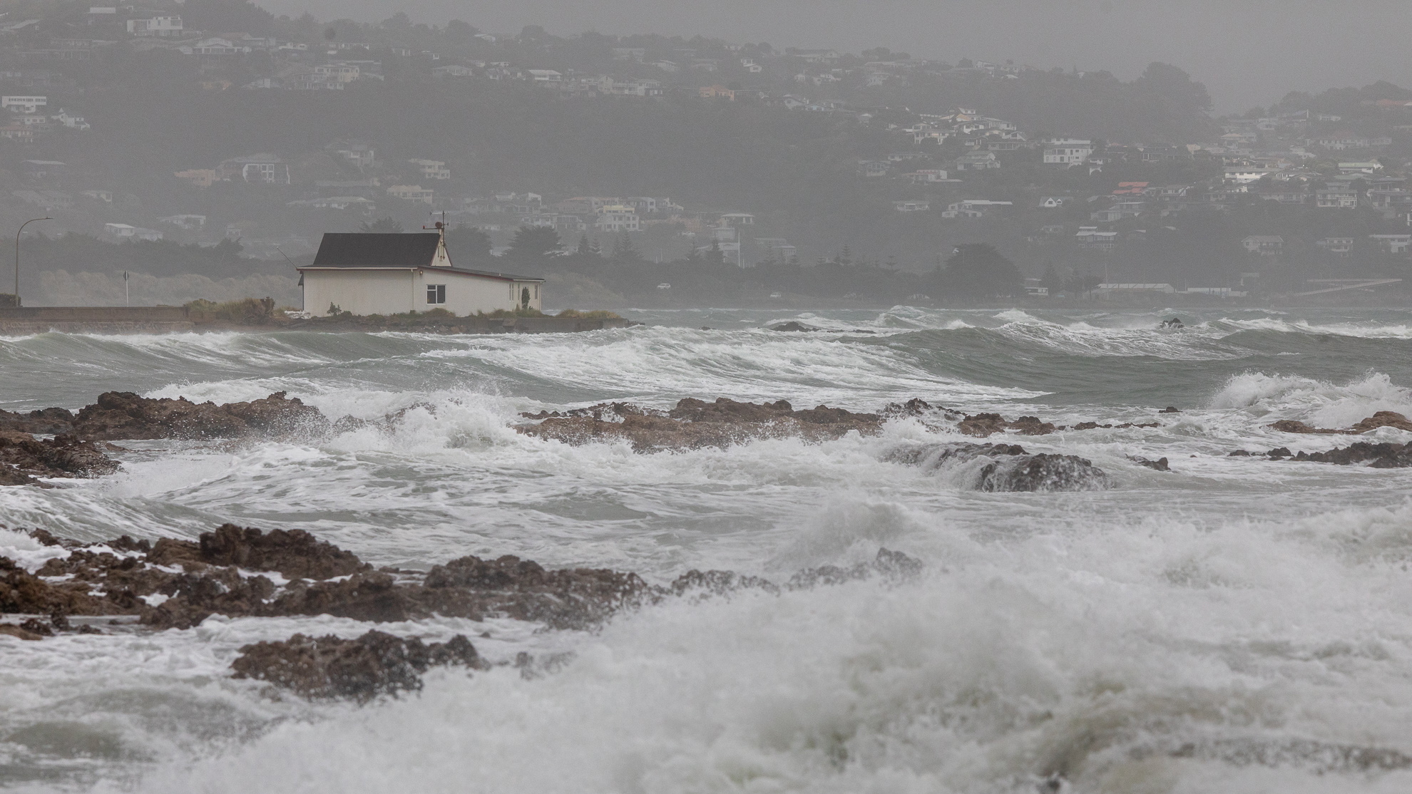 Waves in Plimmerton on Sunday amid windy weather in the lower North Island.