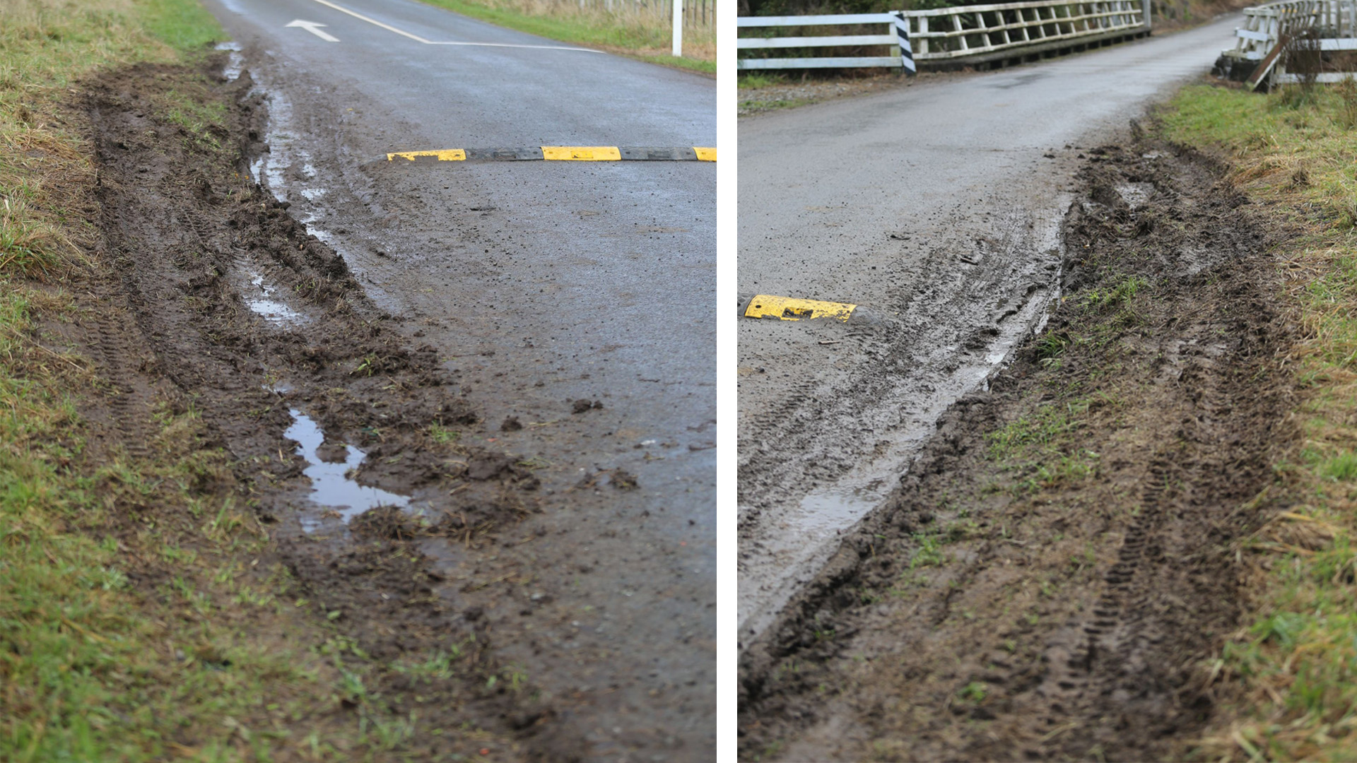 Drivers are tearing up the grass verge to avoid speed bumps at the bridge. (Source: Emily Ireland)
