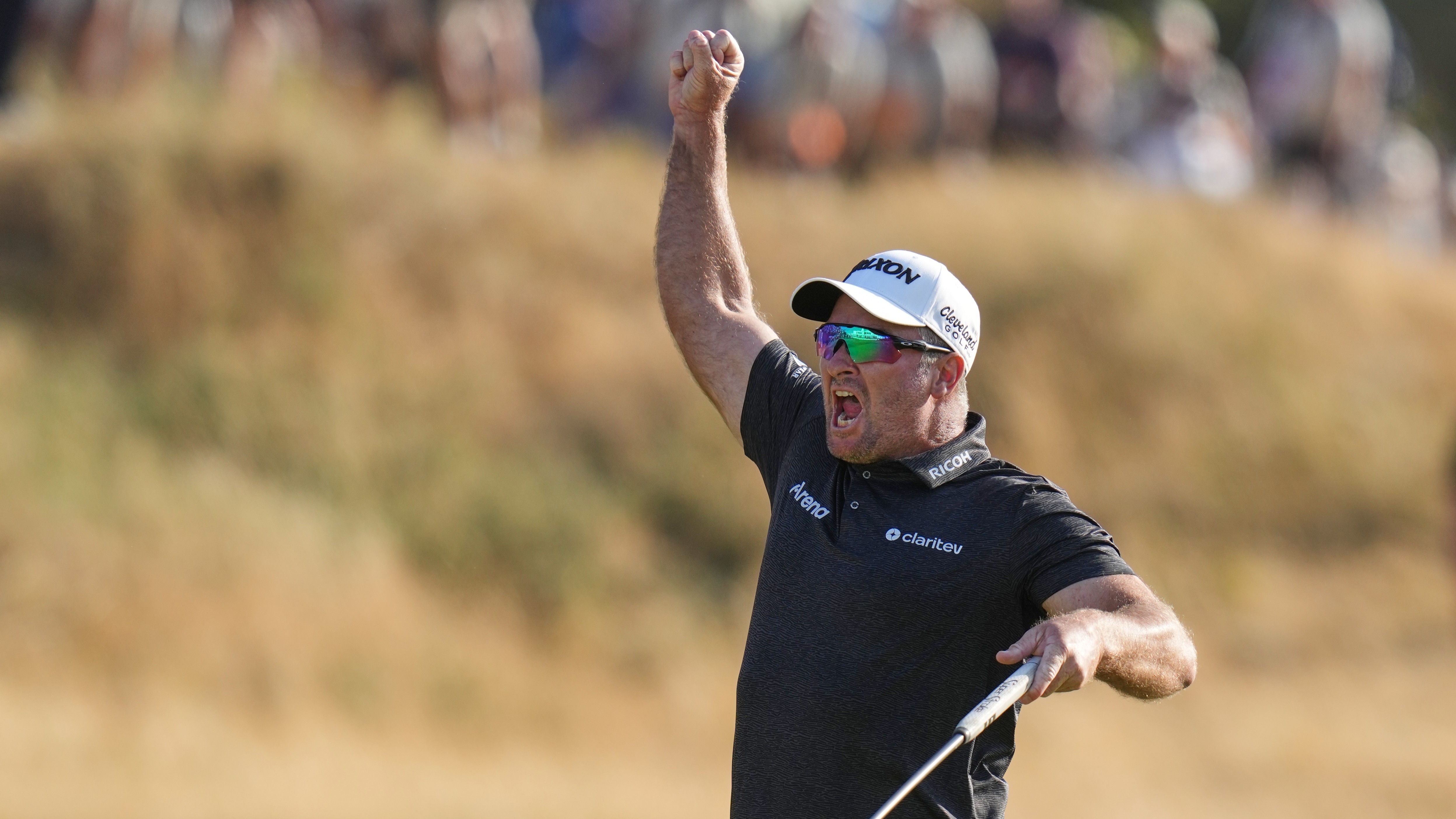 Ryan Fox of New Zealand celebrates on the 18th green after winning the British Open Golf championships at Royal Birkdale golf club, in Southport, England.