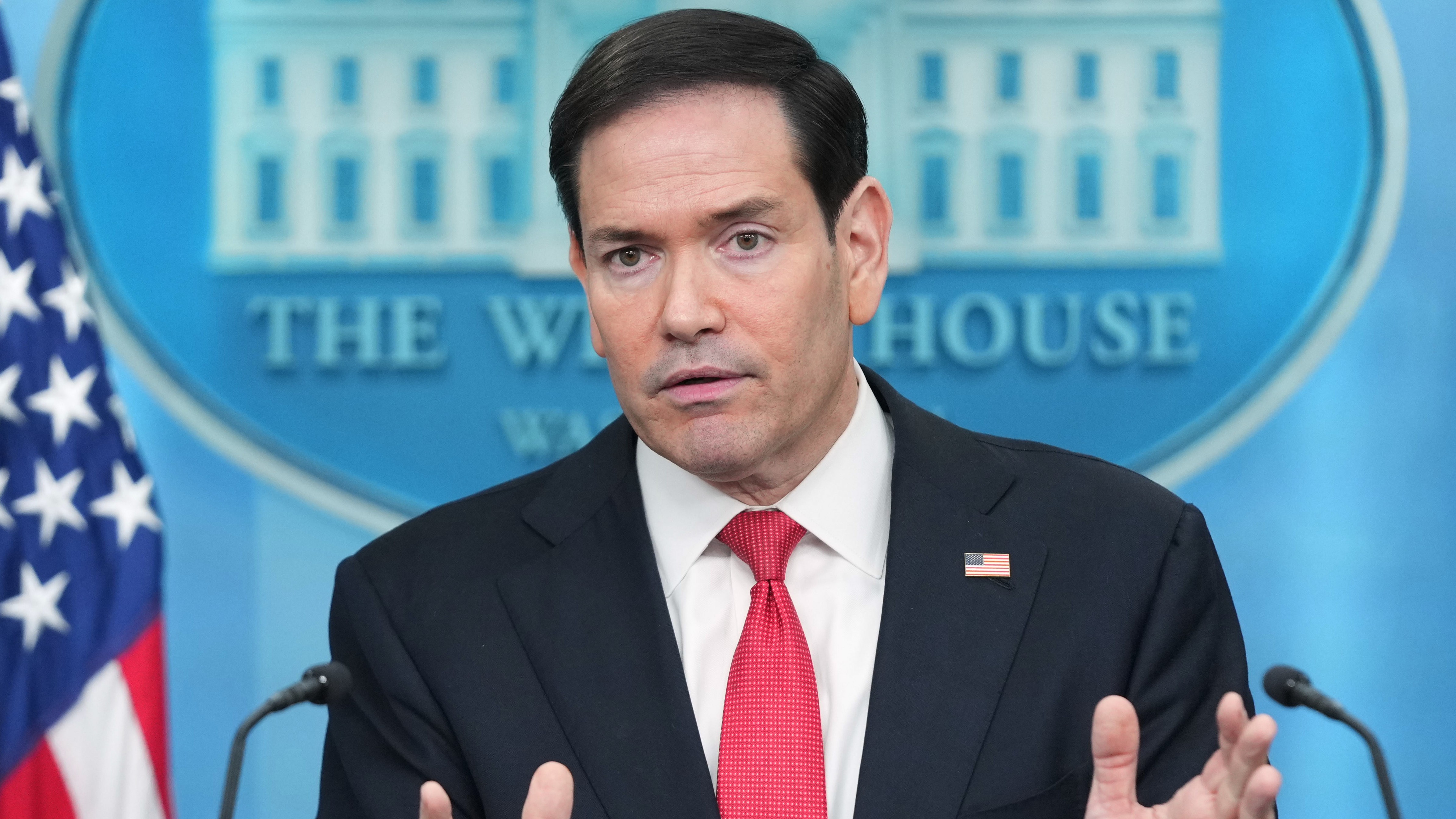 Secretary of State Marco Rubio speaks during a press briefing in the James Brady Press Briefing Room at the White House in Washington, Tuesday, May 5, 2026.