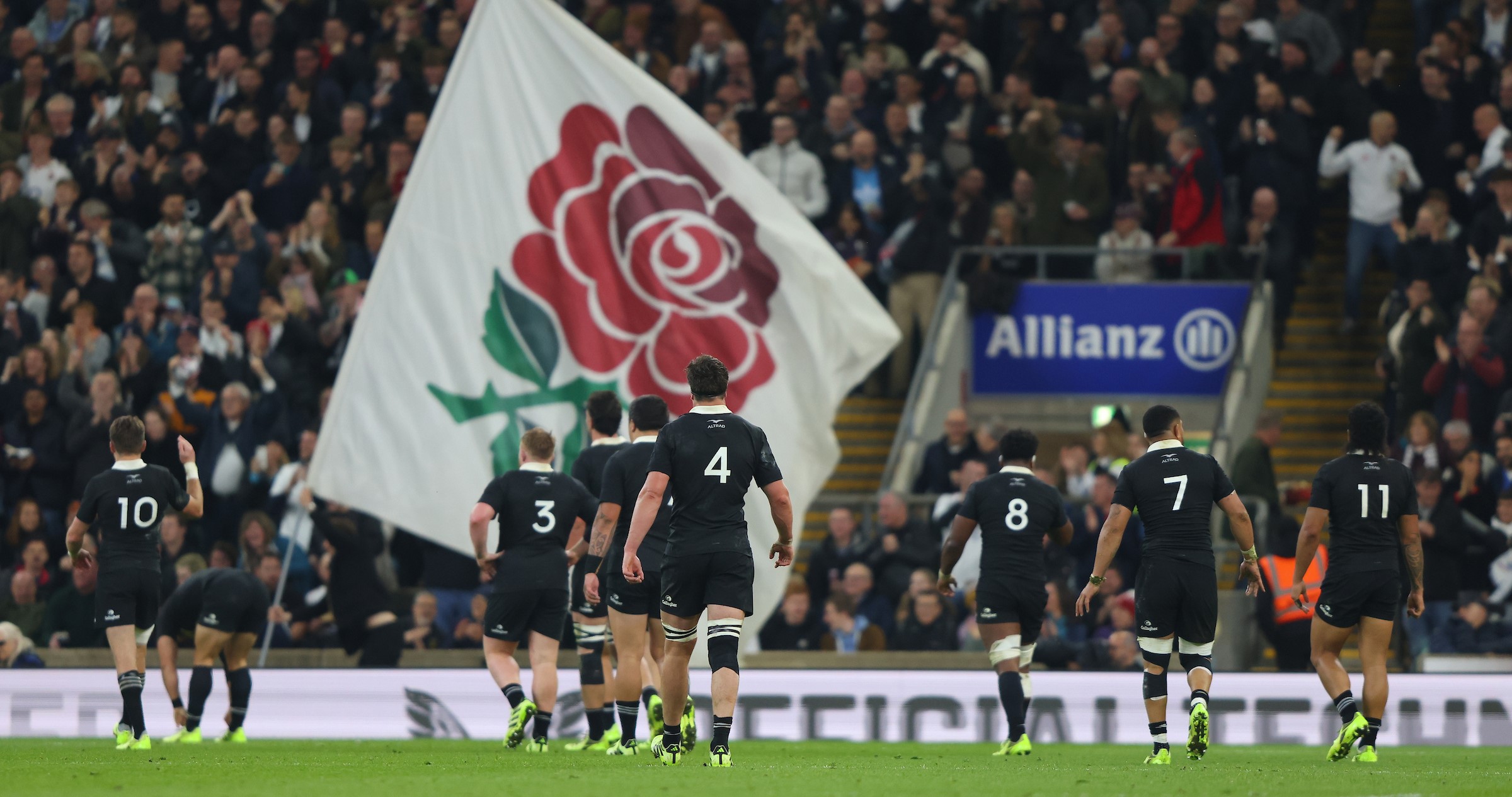 The All Blacks walk back to the tryline after conceding points to England at Twickenham.