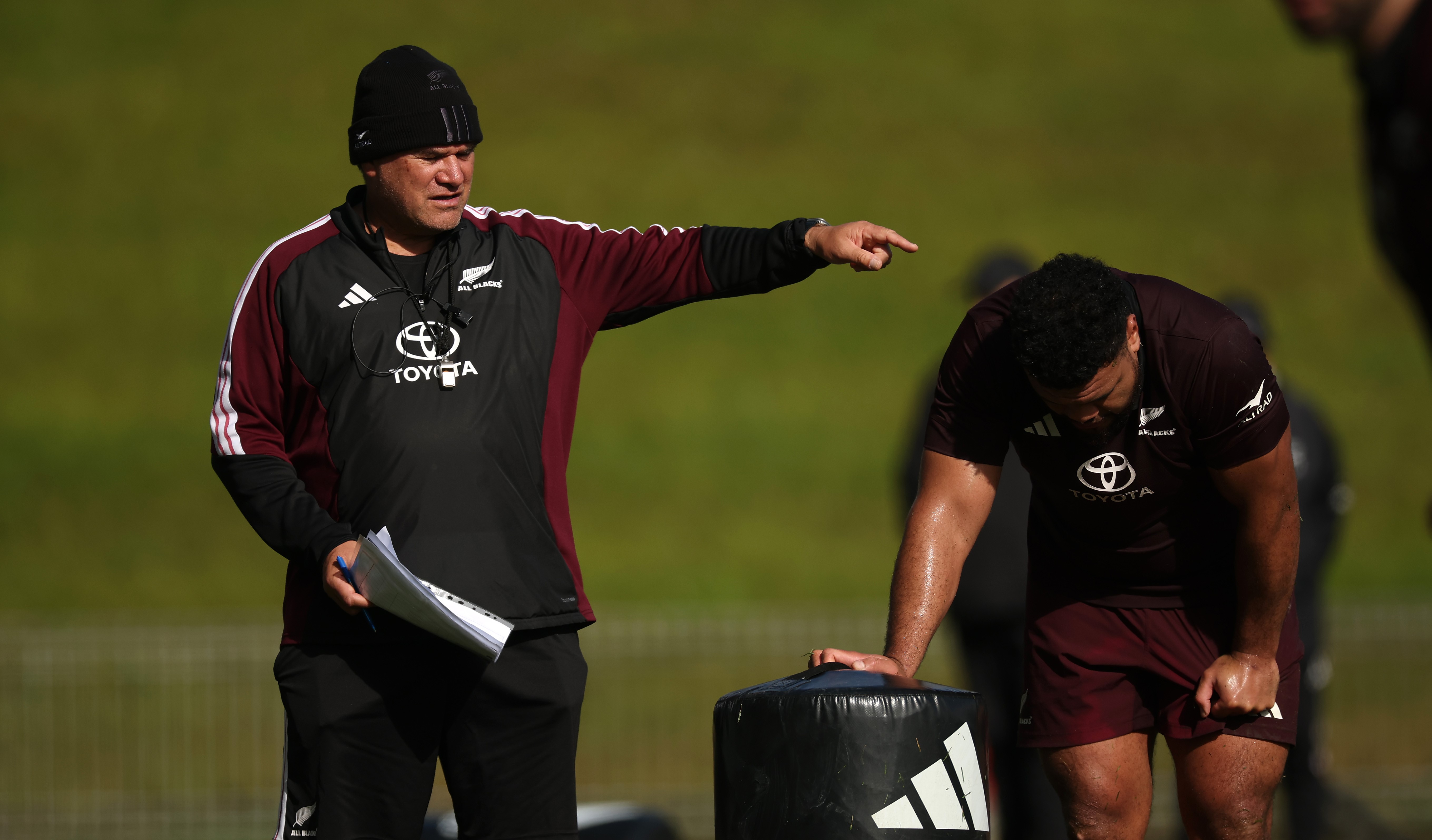 All Blacks head coach Dave Rennie puts his forwards through their paces at training this week..