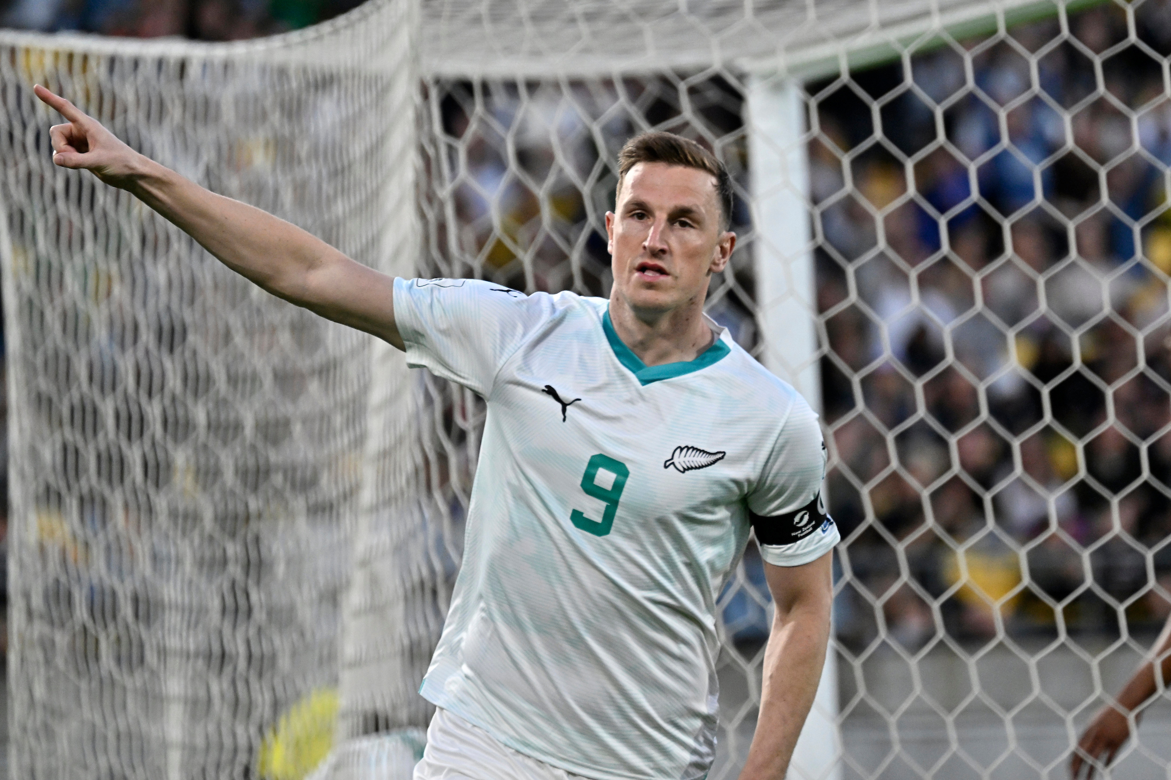 Chris Wood celebrates after scoring during the FIFA World Cup Qualifier against Fiji in Wellington.