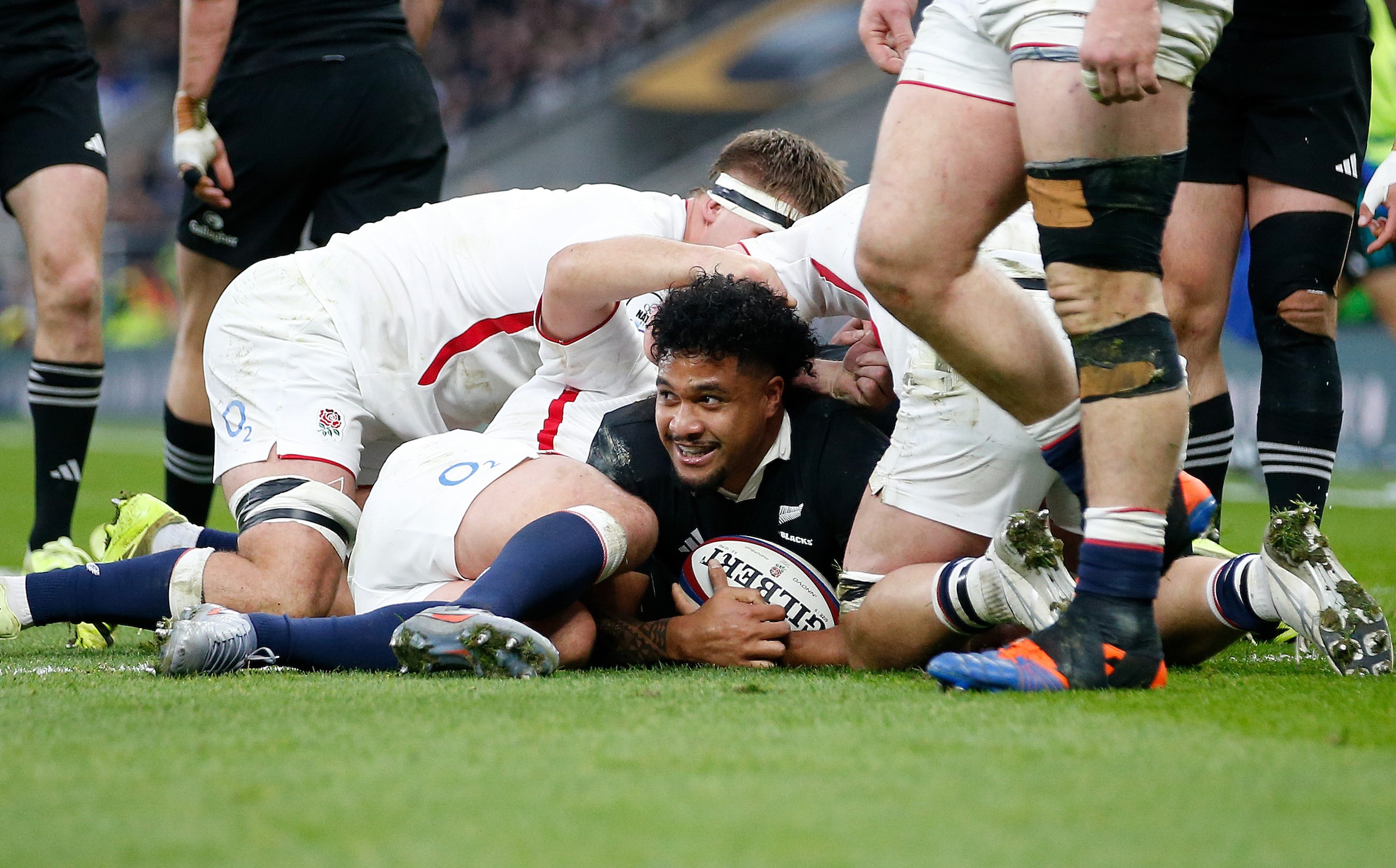 Leicester Fainga'anuku scores the All Blacks' first try against England.