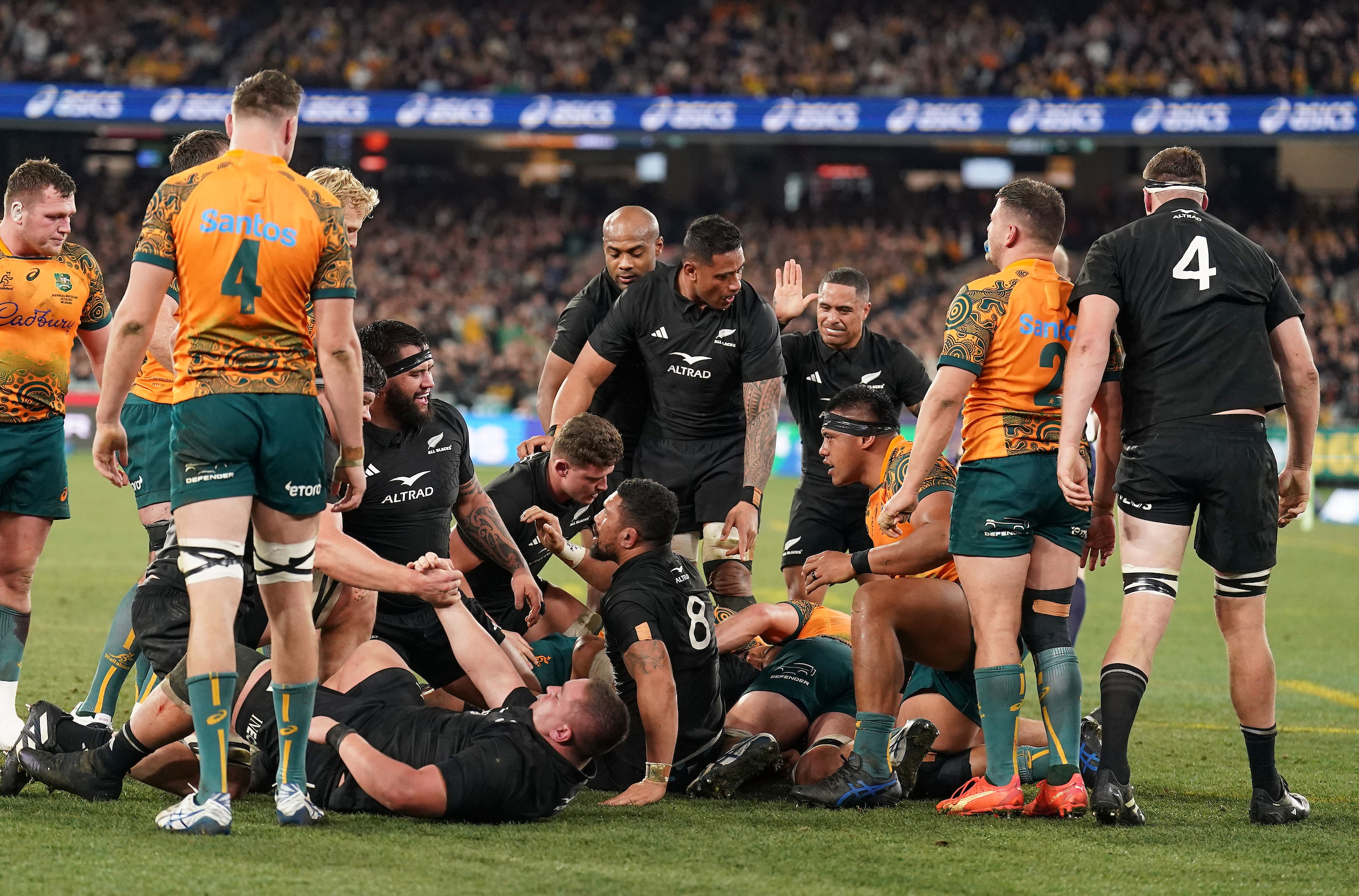 The All Blacks celebrate Codie Taylor's try against the Wallabies in Melbourne.