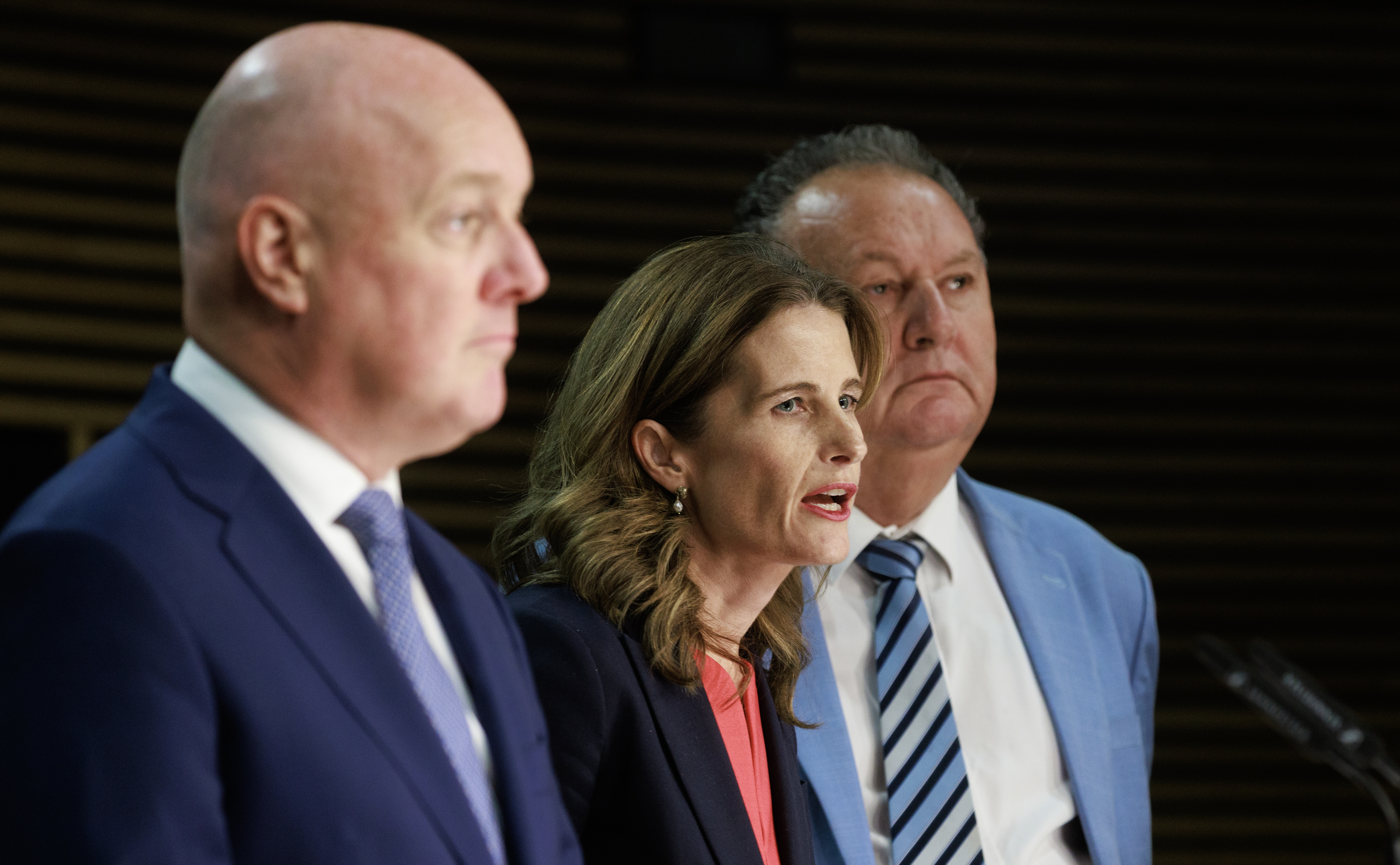 Prime Minister Christopher Luxon (left), Finance Minister Nicola Willis and Associate Energy Minister Shane Jones during the post-Cabinet press conference last week.