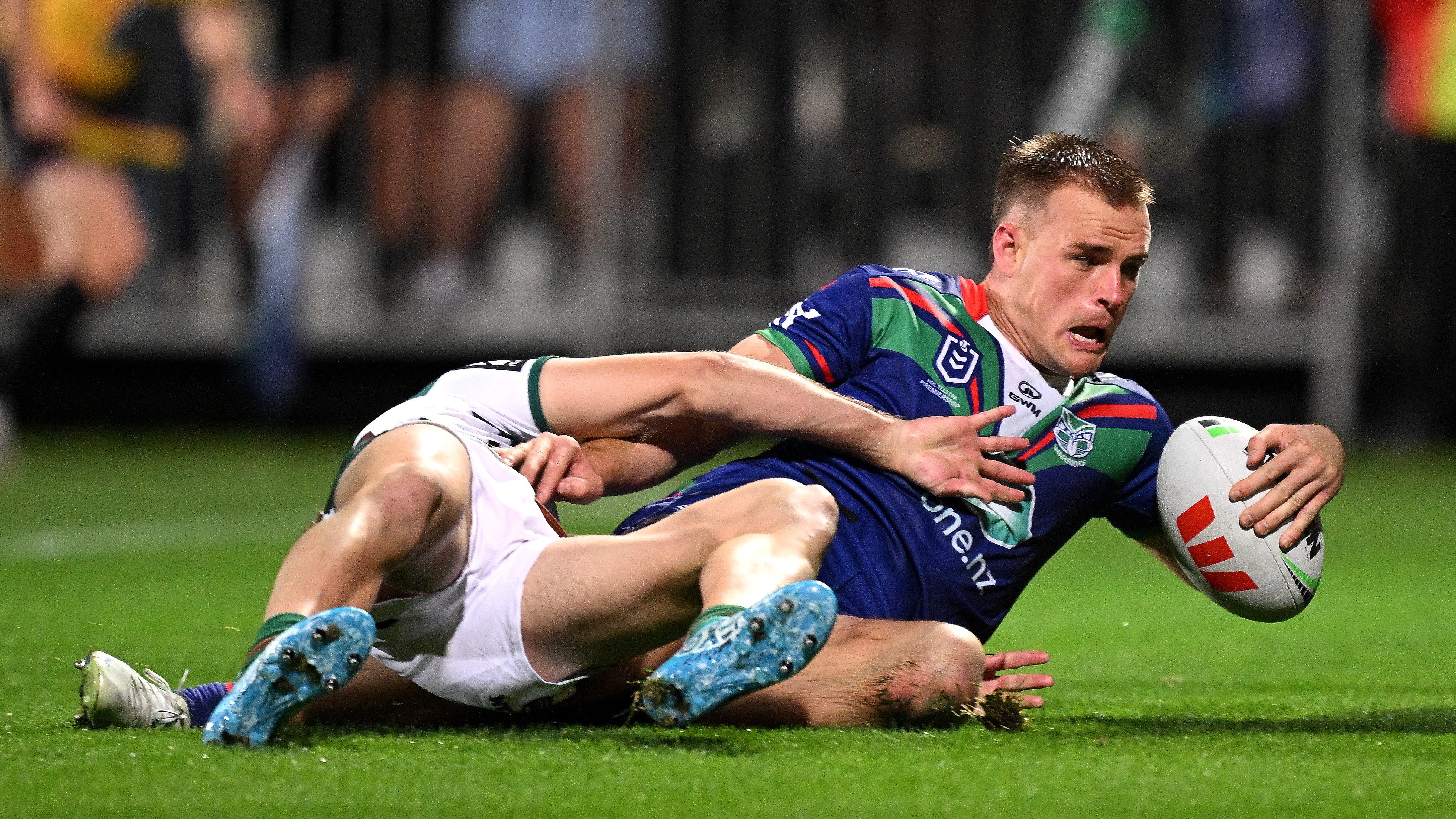 Jackson Ford of the Warriors scores a try during the round eight NRL match between New Zealand Warriors and Newcastle Knights at Apollo Projects Stadium, on April 25, 2025, in Christchurch, New Zealand.